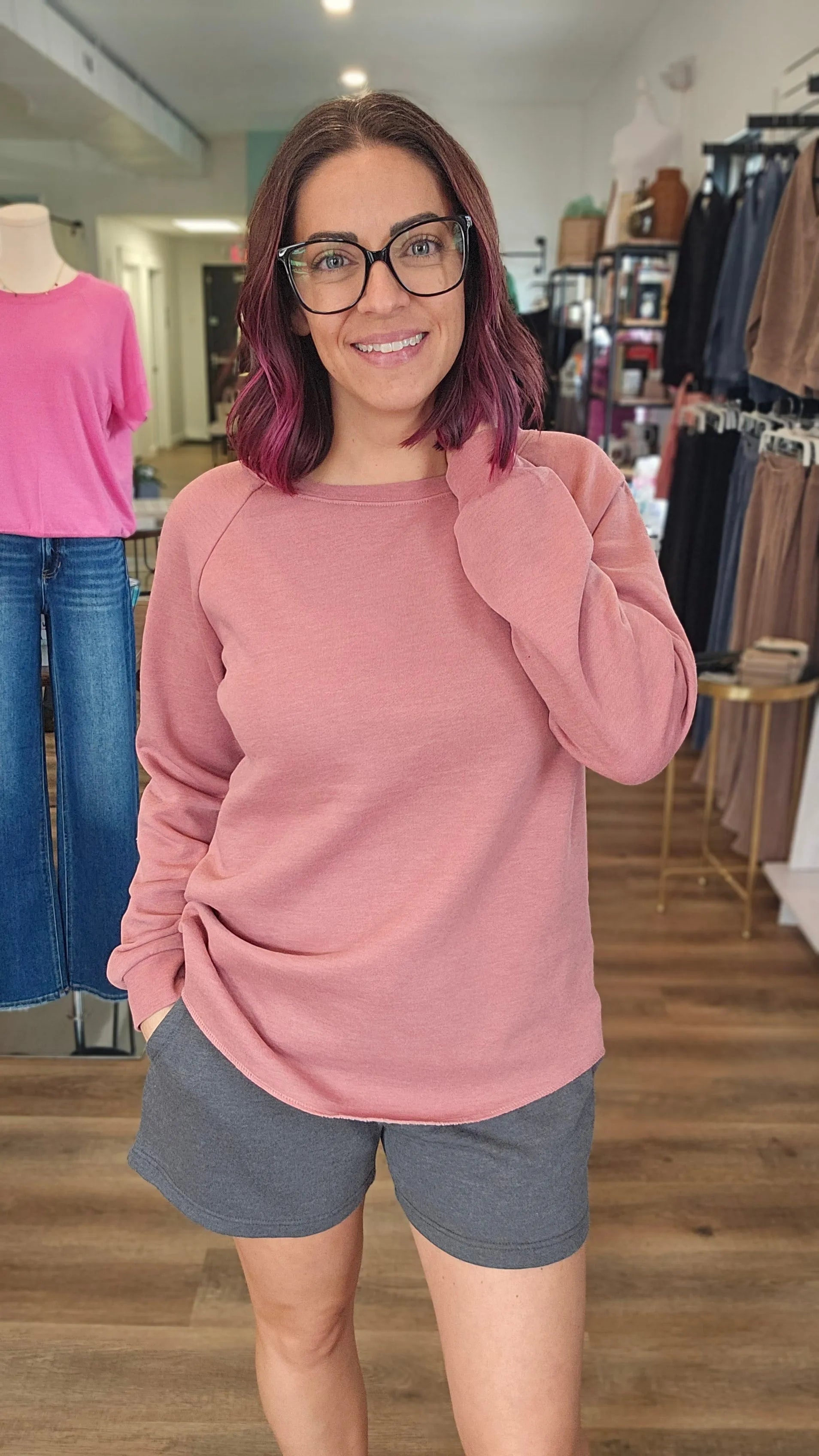 Shop Raglan Crew Neck - Rose- at Ruby Joy Boutique, a Women's Clothing Store in Pickerington, Ohio