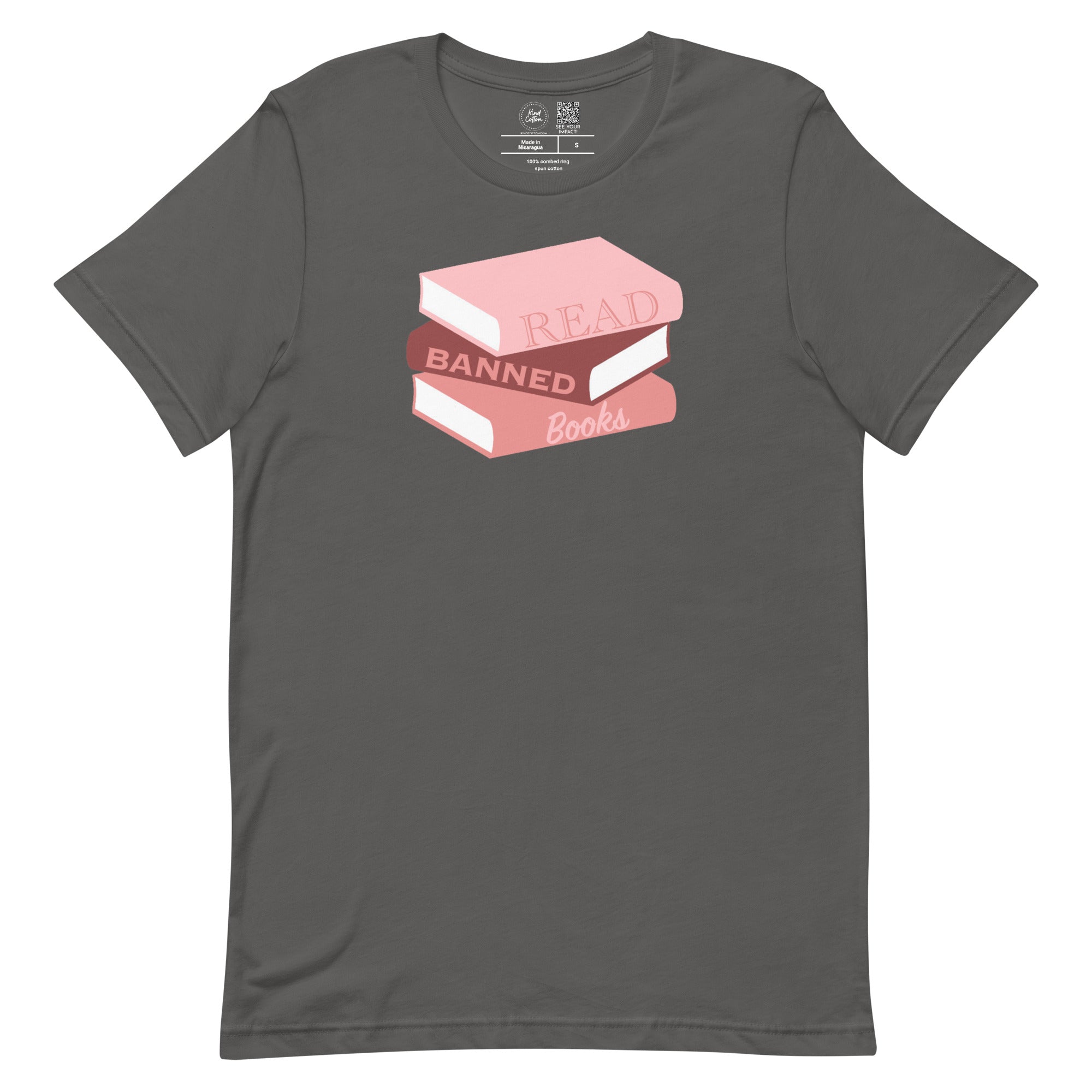 Shop Read Banned Books Stack Classic Tee | Kind Cotton-Charcoal at Ruby Joy Boutique, a Women's Clothing Store in Pickerington, Ohio