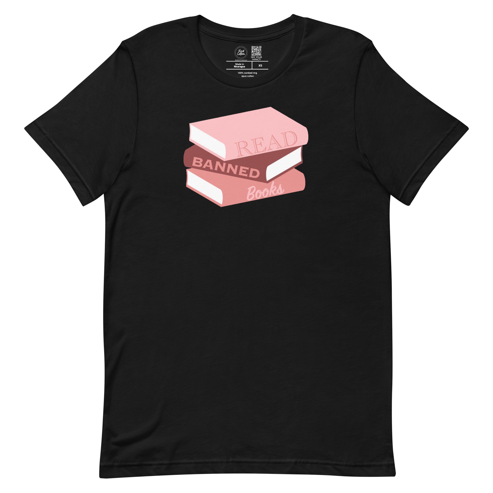 Shop Read Banned Books Stack Classic Tee | Kind Cotton-Black at Ruby Joy Boutique, a Women's Clothing Store in Pickerington, Ohio