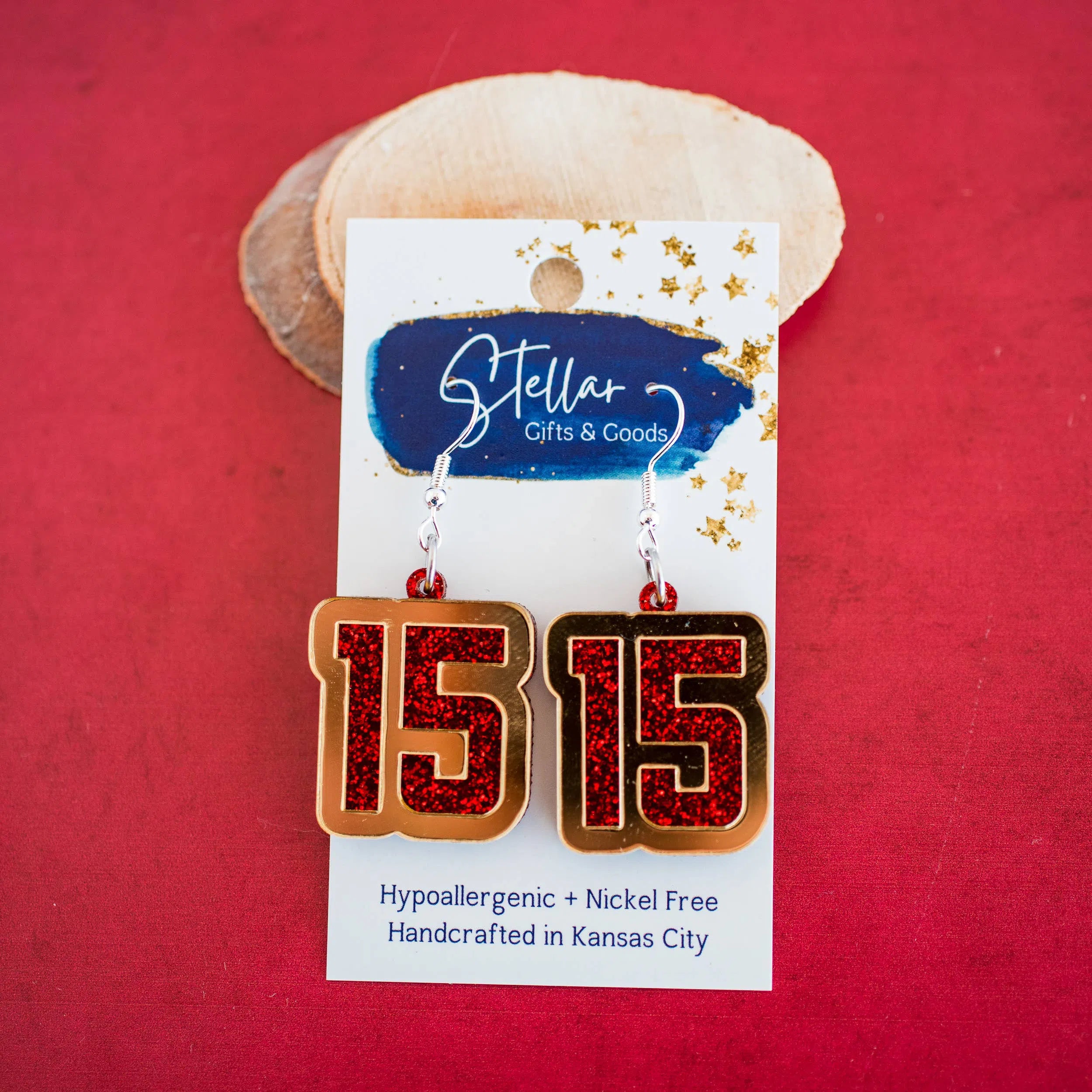 Shop Red Glitter &Gold Mirror 15 Dangles KC Chiefs Football Mahomes-Earrings at Ruby Joy Boutique, a Women's Clothing Store in Pickerington, Ohio