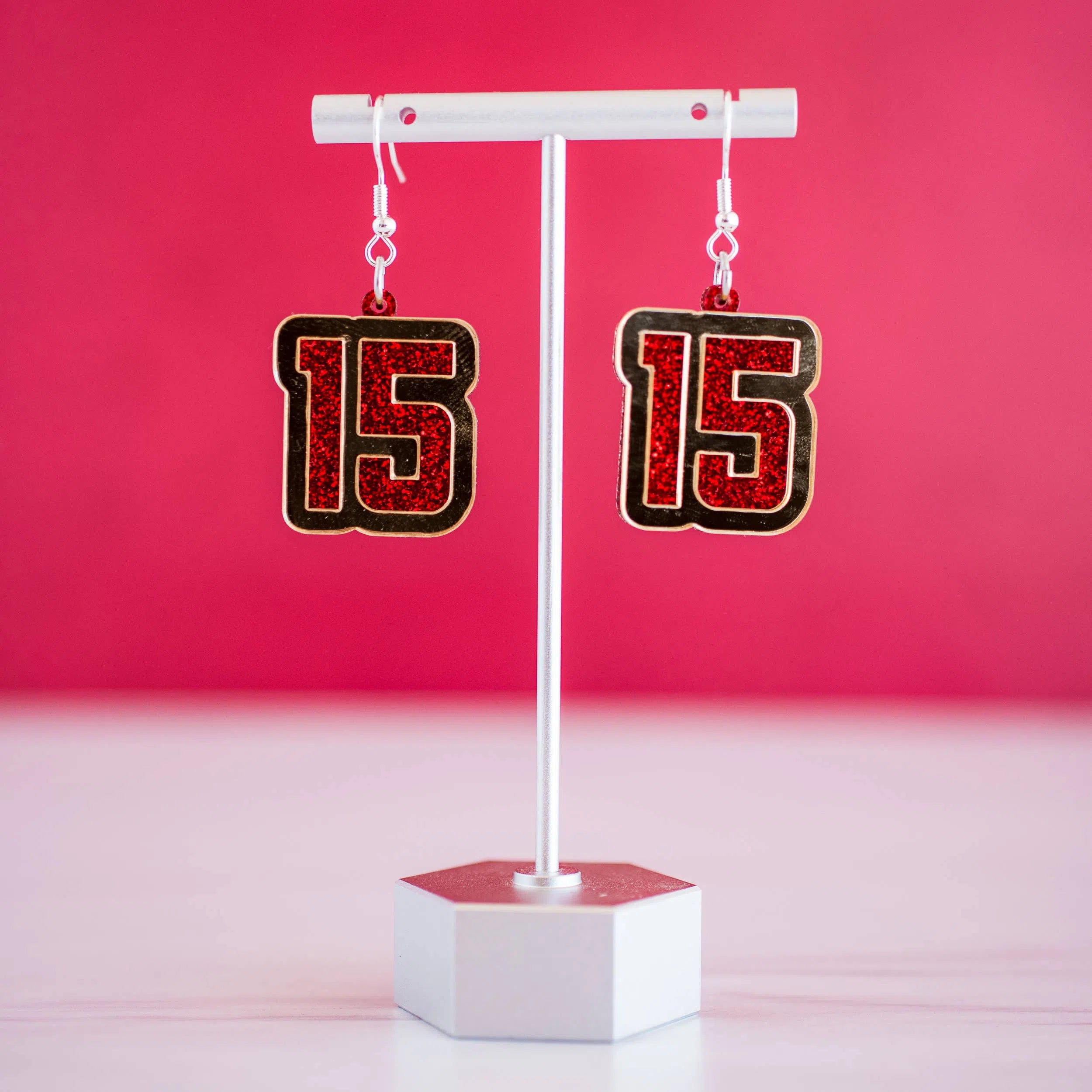 Shop Red Glitter &Gold Mirror 15 Dangles KC Chiefs Football Mahomes-Earrings at Ruby Joy Boutique, a Women's Clothing Store in Pickerington, Ohio