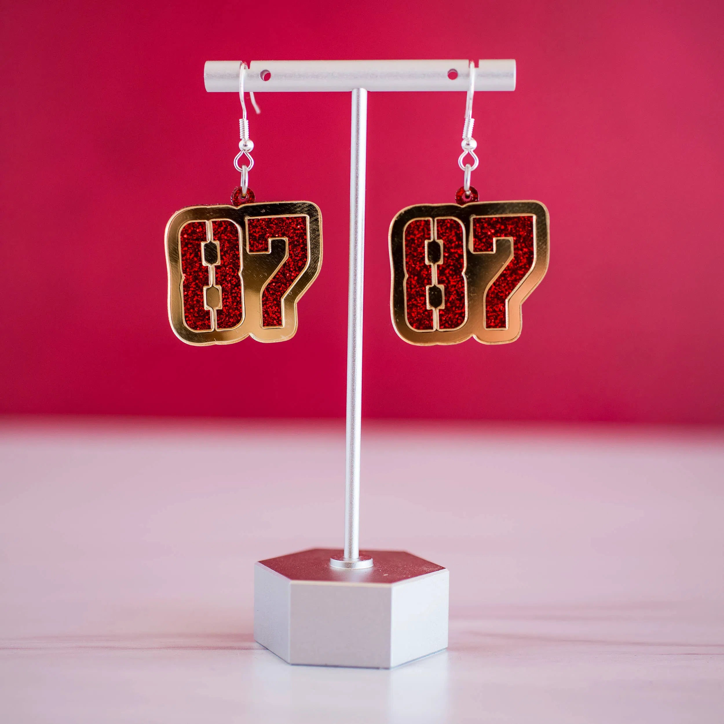 Shop Red Glitter &Gold Mirror 87 Dangles KC Chiefs Football Travis Kelce-Earrings at Ruby Joy Boutique, a Women's Clothing Store in Pickerington, Ohio