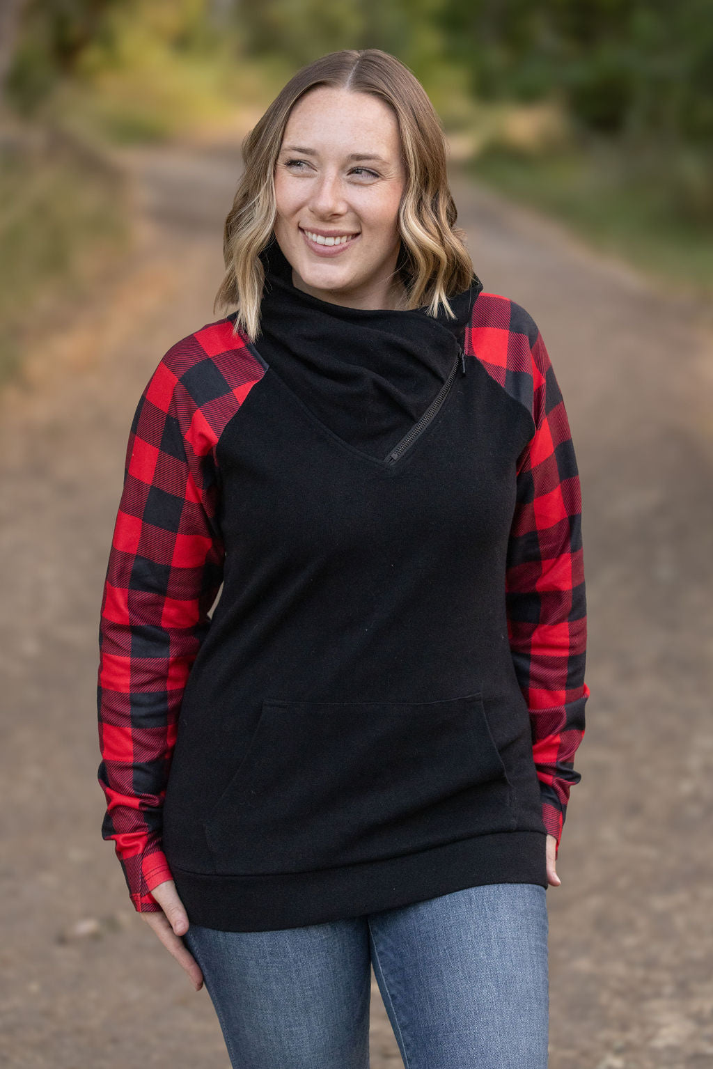 Shop Red and Black Buffalo Plaid ZipCowl-Sweatshirt at Ruby Joy Boutique, a Women's Clothing Store in Pickerington, Ohio