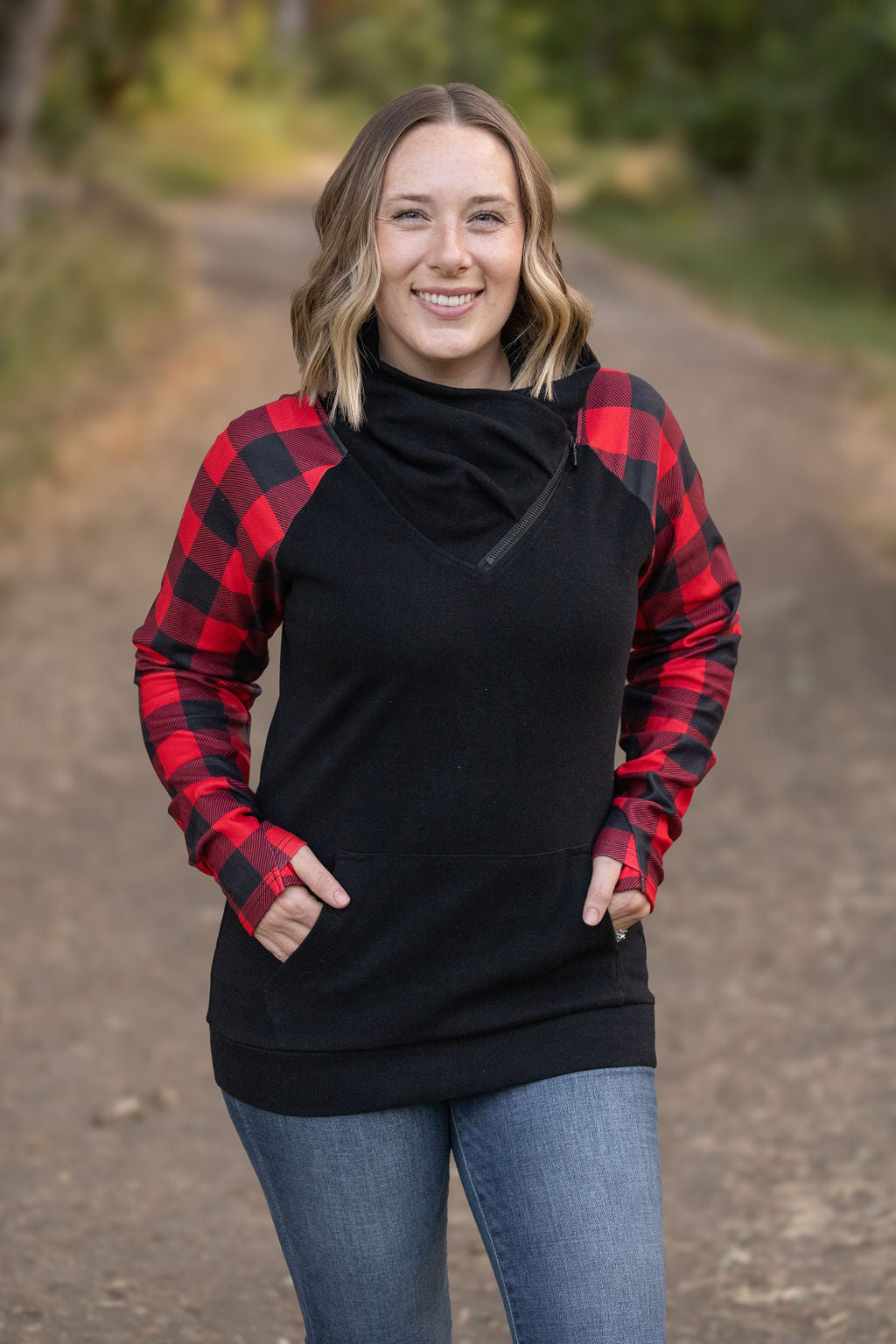 Shop Red and Black Buffalo Plaid ZipCowl-Sweatshirt at Ruby Joy Boutique, a Women's Clothing Store in Pickerington, Ohio