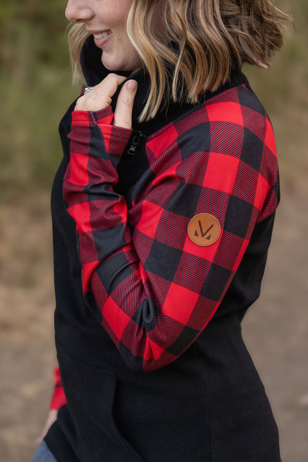 Shop Red and Black Buffalo Plaid ZipCowl-Sweatshirt at Ruby Joy Boutique, a Women's Clothing Store in Pickerington, Ohio