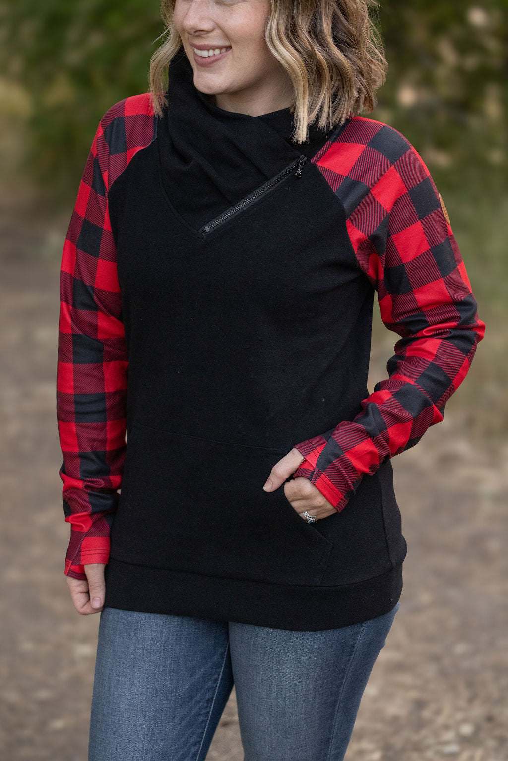 Shop Red and Black Buffalo Plaid ZipCowl-Sweatshirt at Ruby Joy Boutique, a Women's Clothing Store in Pickerington, Ohio