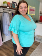 Shop Reese Ruffle Sleeve V-Neck Tee-Shirts & Tops at Ruby Joy Boutique, a Women's Clothing Store in Pickerington, Ohio