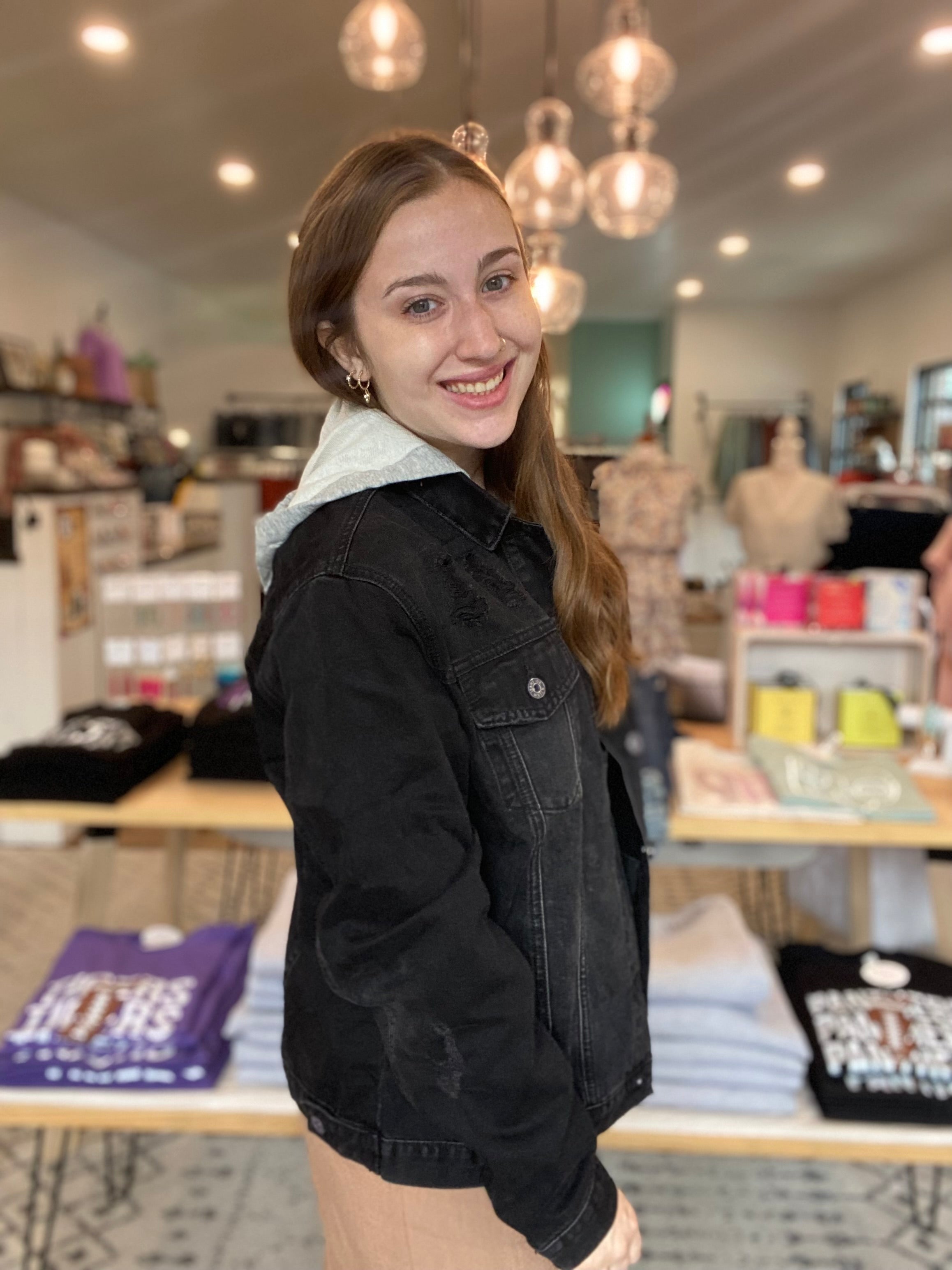 Shop Relaxed Black Denim Jacket with Removable Hoodie | Risen-Coats & Jackets at Ruby Joy Boutique, a Women's Clothing Store in Pickerington, Ohio