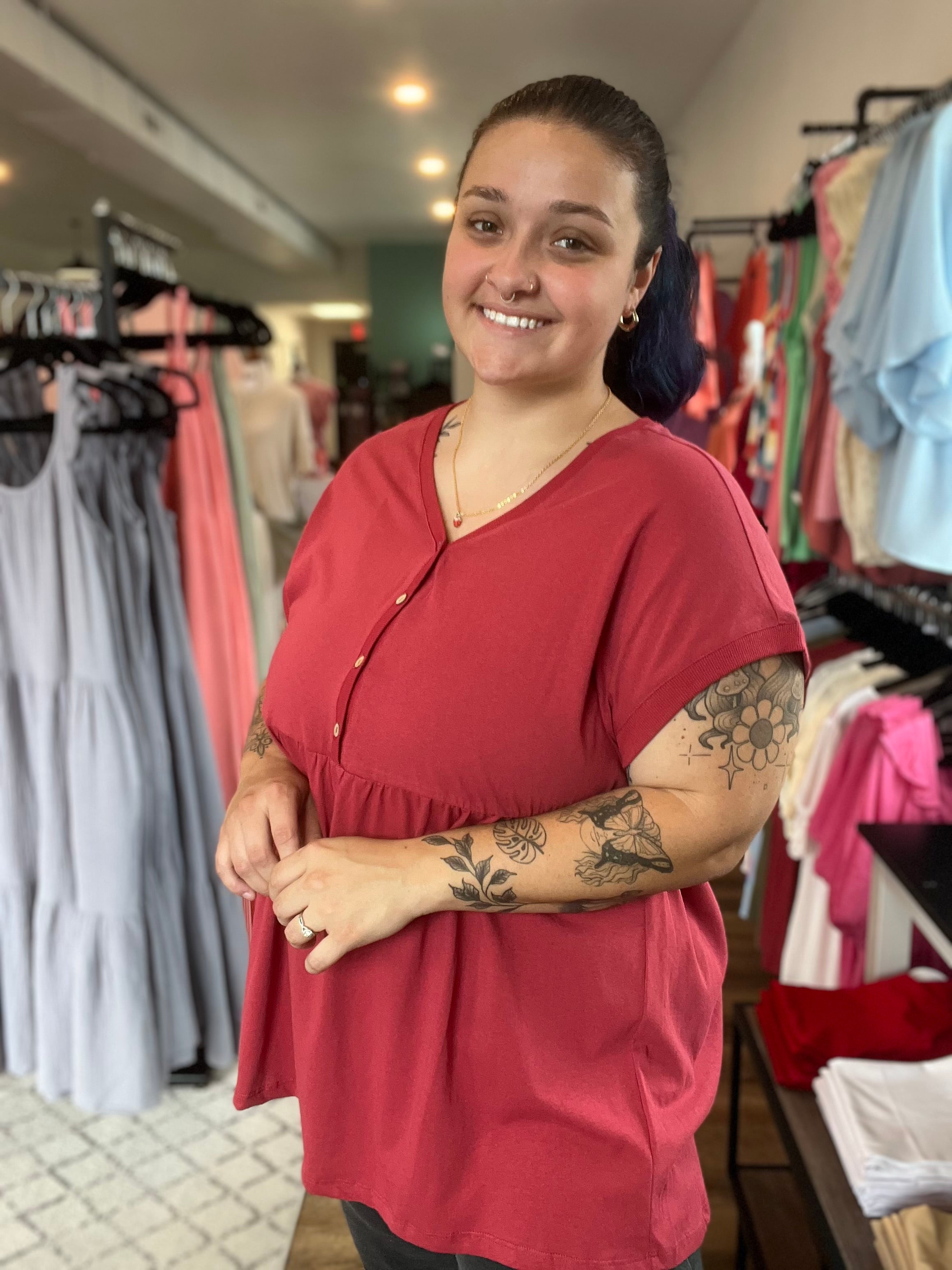 Shop Remy Babydoll Top-Shirts & Tops at Ruby Joy Boutique, a Women's Clothing Store in Pickerington, Ohio