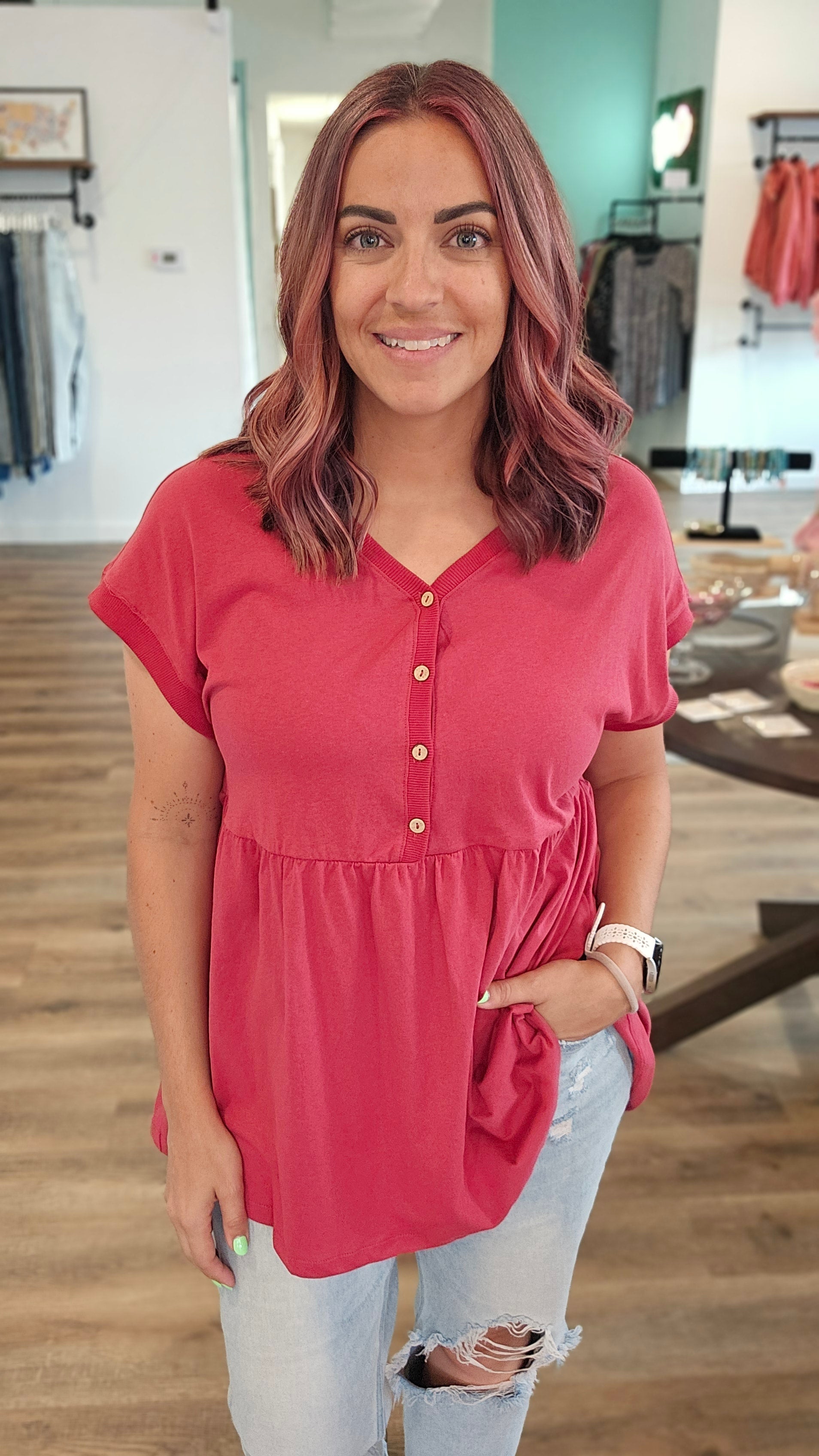 Shop Remy Babydoll Top-Short Sleeve Top at Ruby Joy Boutique, a Women's Clothing Store in Pickerington, Ohio