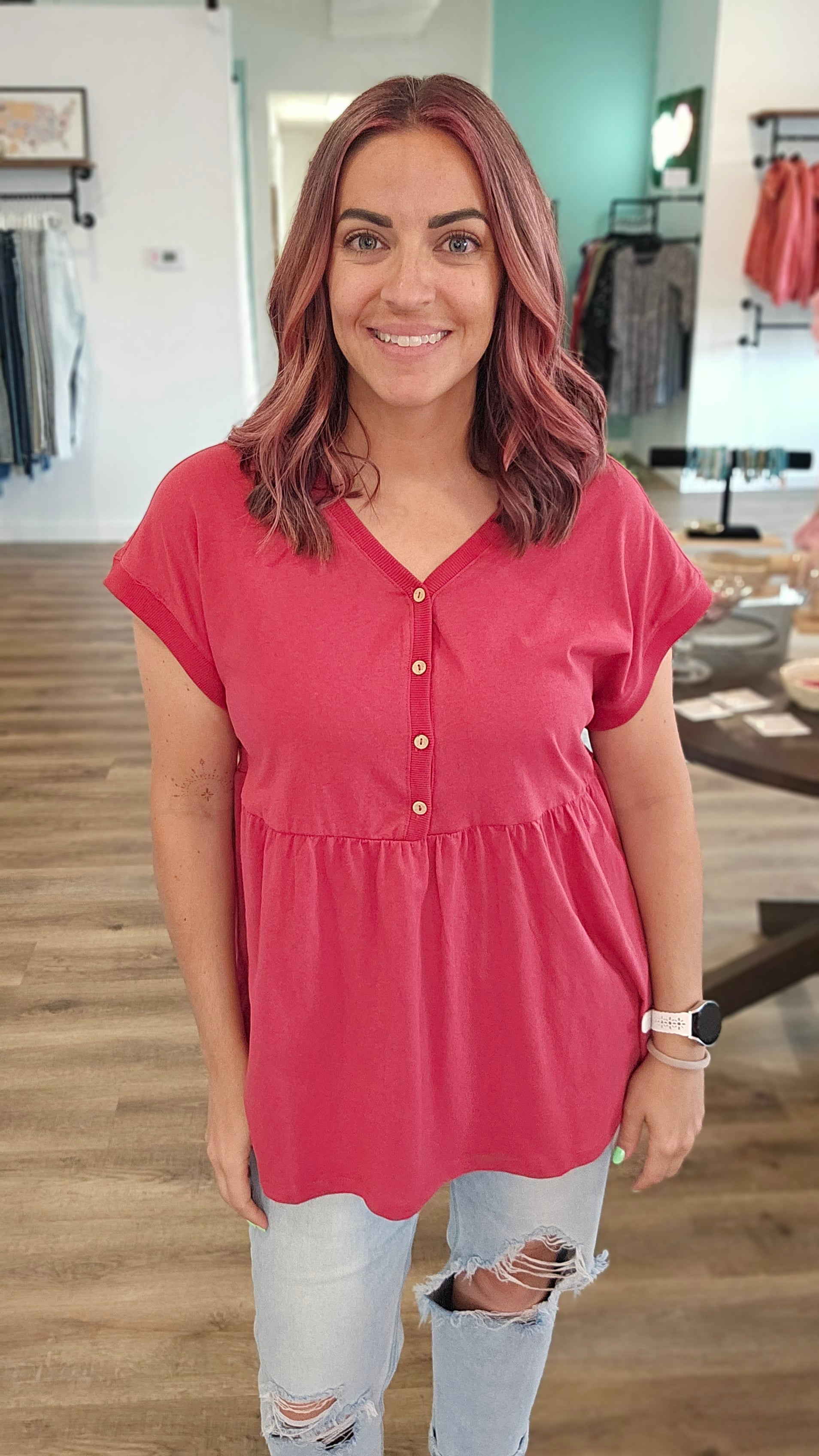 Shop Remy Babydoll Top-Short Sleeve Top at Ruby Joy Boutique, a Women's Clothing Store in Pickerington, Ohio