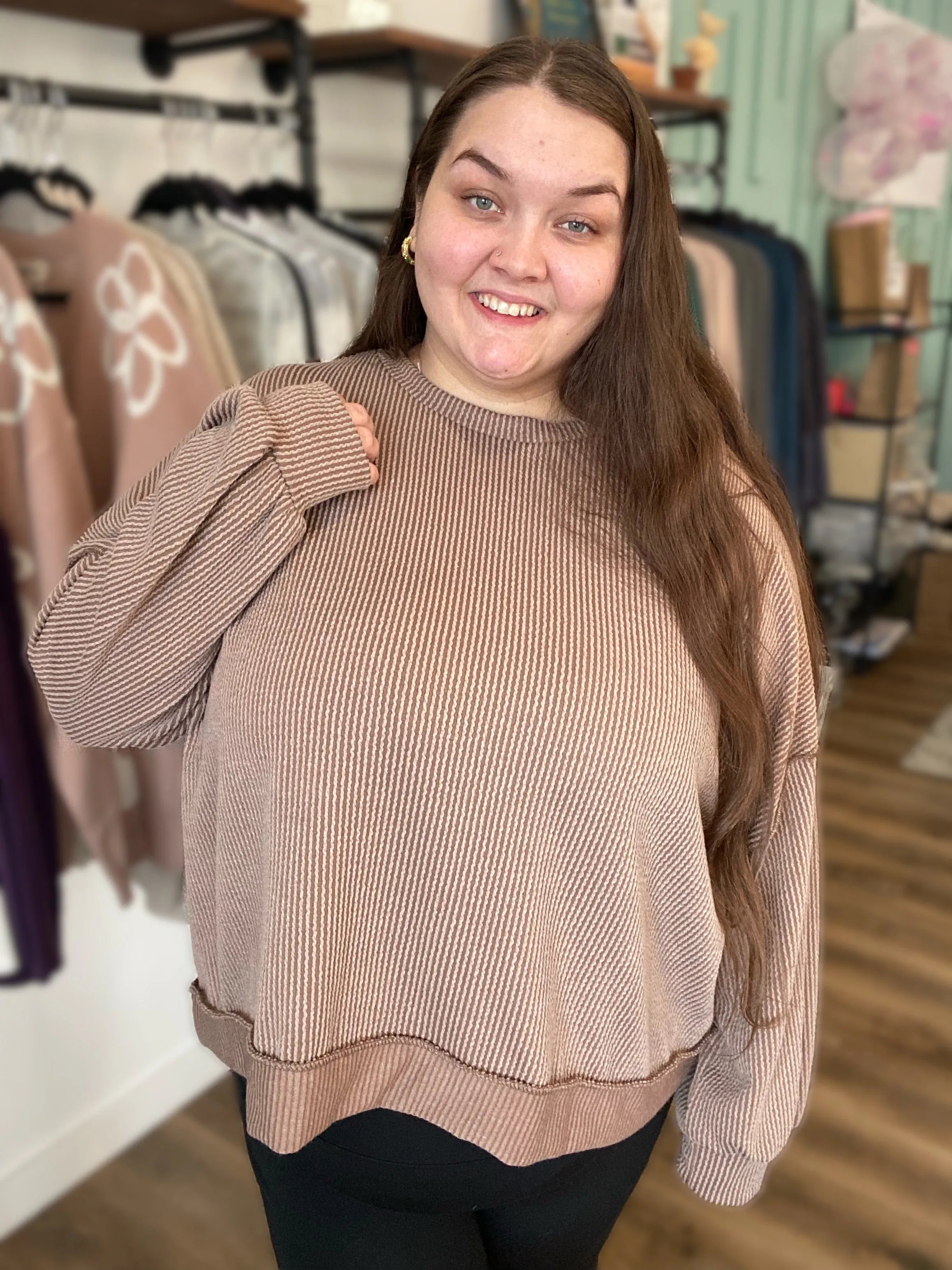 Shop Reversed Hem Long Sleeve - Cocoa- at Ruby Joy Boutique, a Women's Clothing Store in Pickerington, Ohio