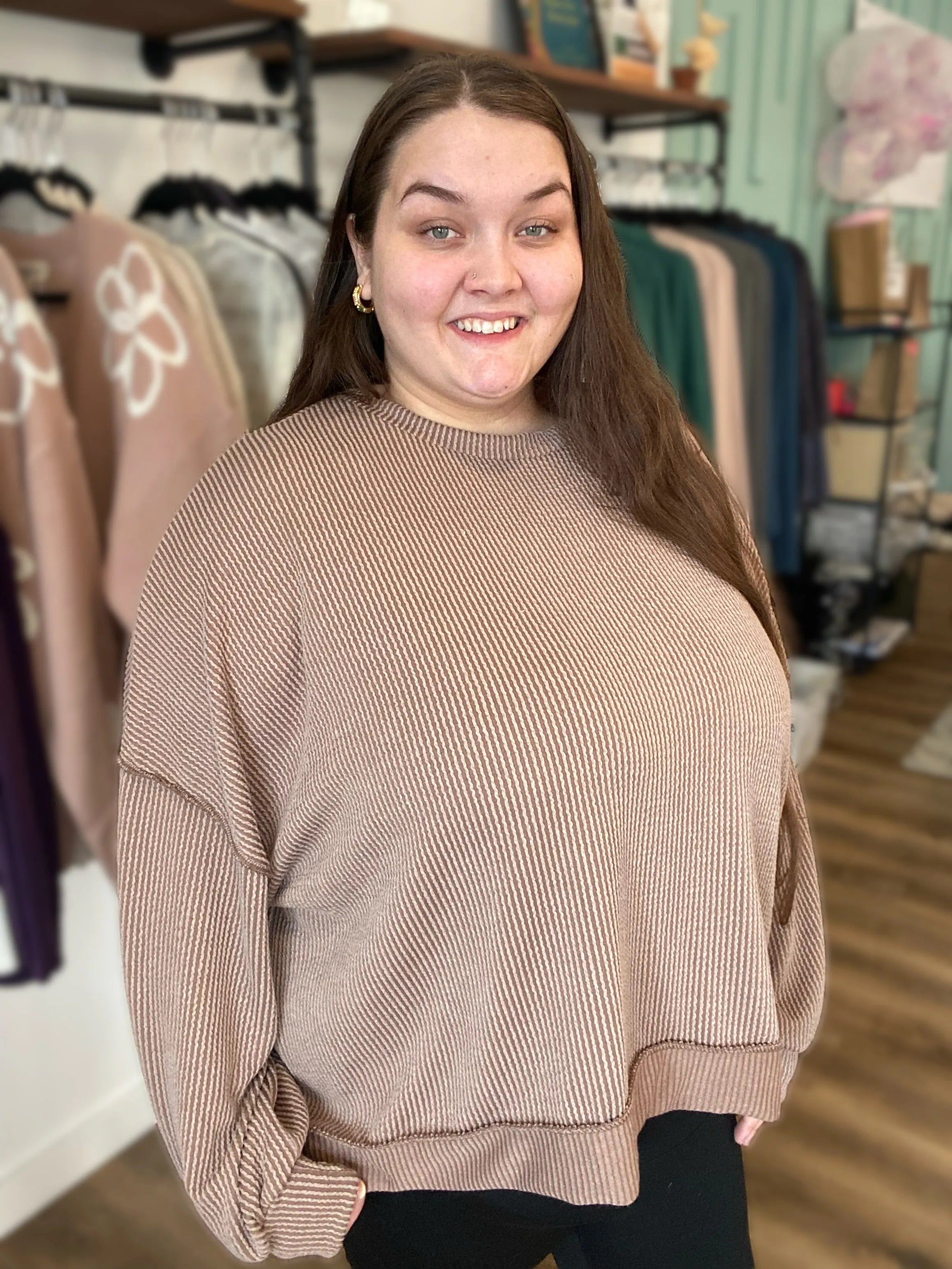 Shop Reversed Hem Long Sleeve - Cocoa- at Ruby Joy Boutique, a Women's Clothing Store in Pickerington, Ohio