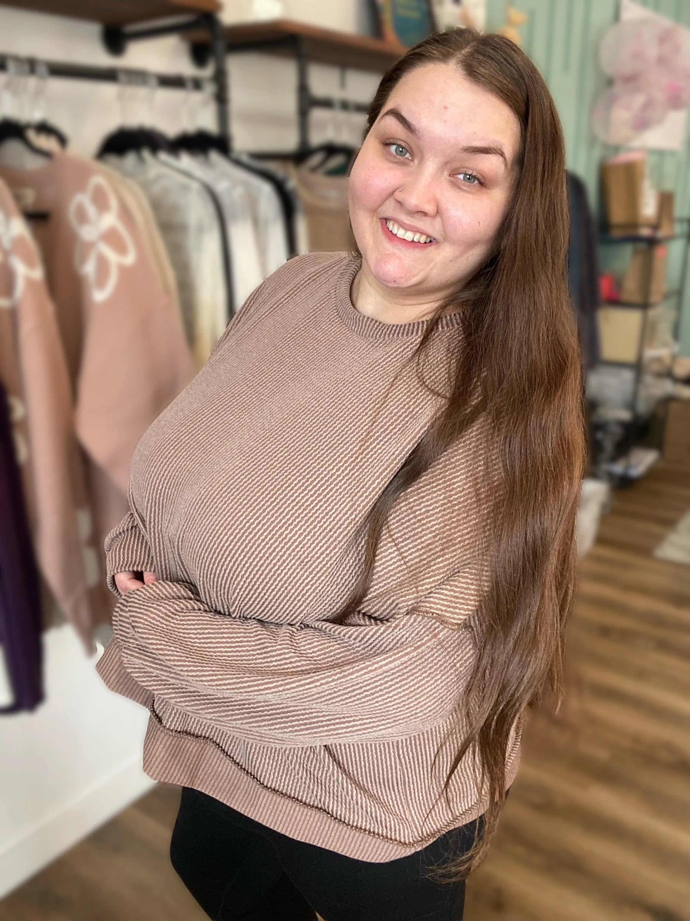 Shop Reversed Hem Long Sleeve - Cocoa- at Ruby Joy Boutique, a Women's Clothing Store in Pickerington, Ohio