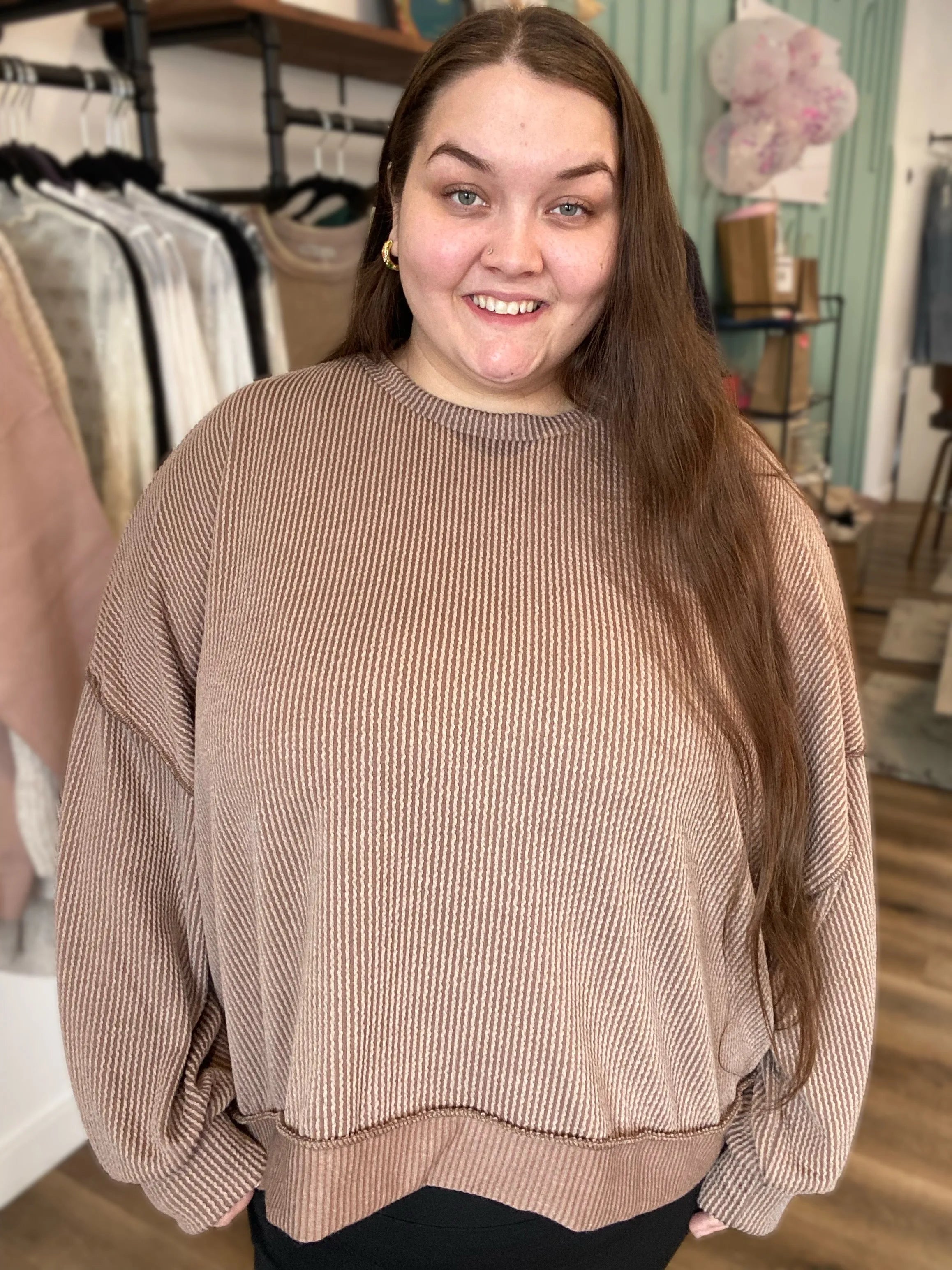 Shop Reversed Hem Long Sleeve - Cocoa- at Ruby Joy Boutique, a Women's Clothing Store in Pickerington, Ohio