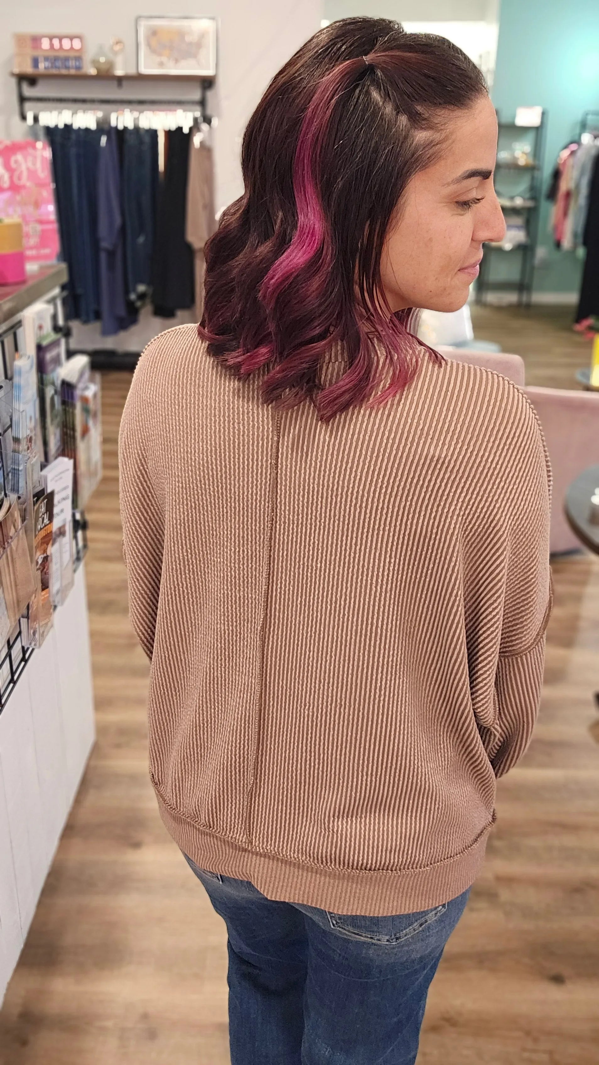 Shop Reversed Hem Long Sleeve - Cocoa- at Ruby Joy Boutique, a Women's Clothing Store in Pickerington, Ohio