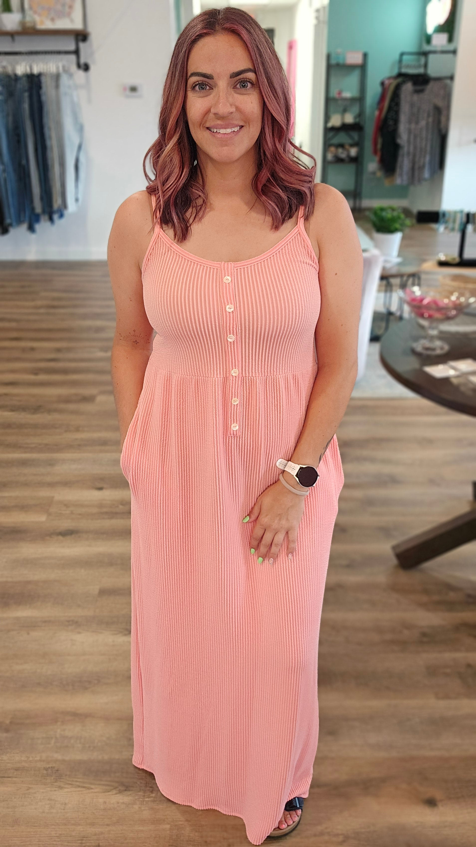 Shop Ribbed Maxi Dress - Peach-Dresses at Ruby Joy Boutique, a Women's Clothing Store in Pickerington, Ohio