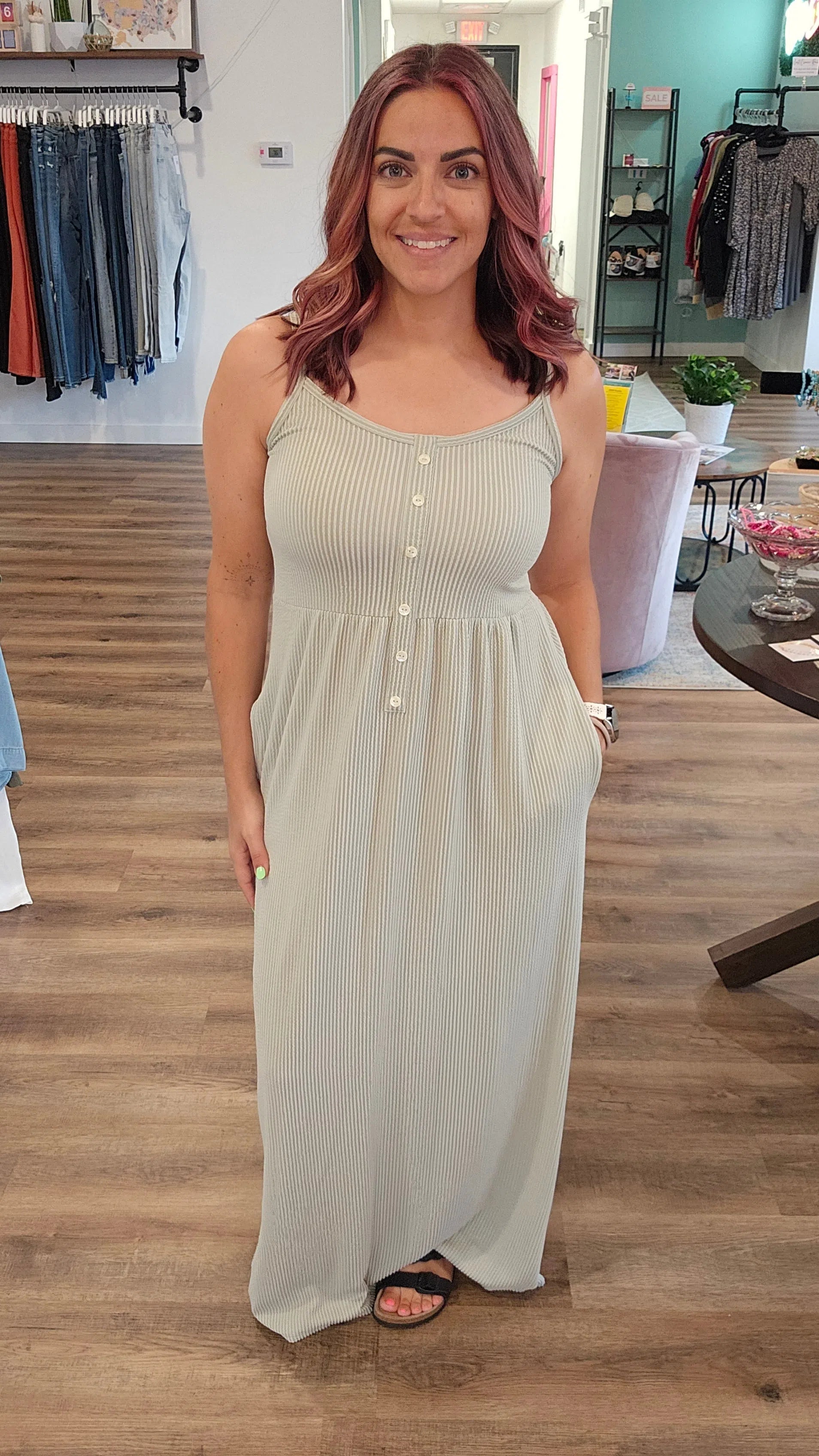 Shop Ribbed Maxi Dress - Sage-Dresses at Ruby Joy Boutique, a Women's Clothing Store in Pickerington, Ohio