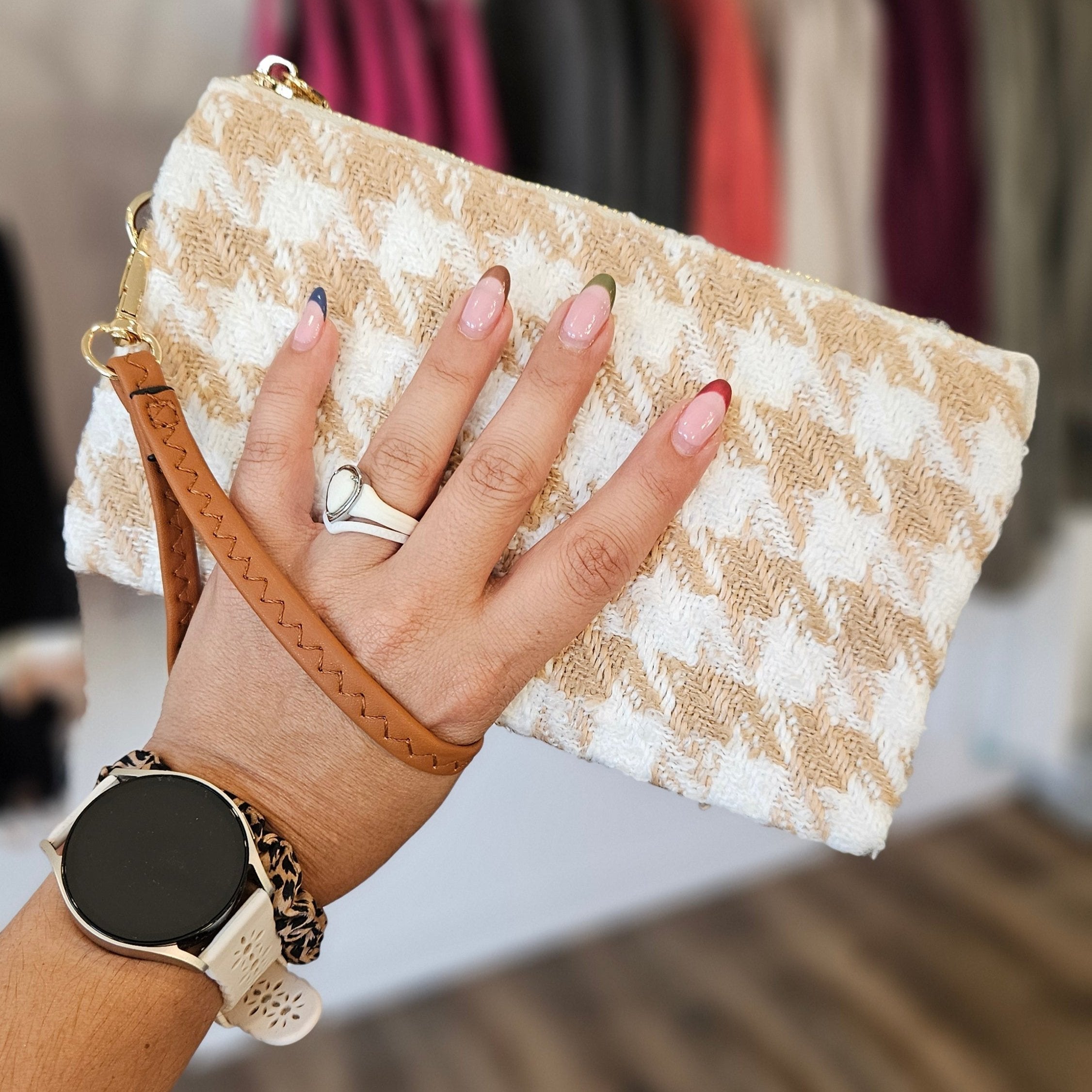 Shop Riley Crossbody/Wristlet Houndstooth-Purse at Ruby Joy Boutique, a Women's Clothing Store in Pickerington, Ohio