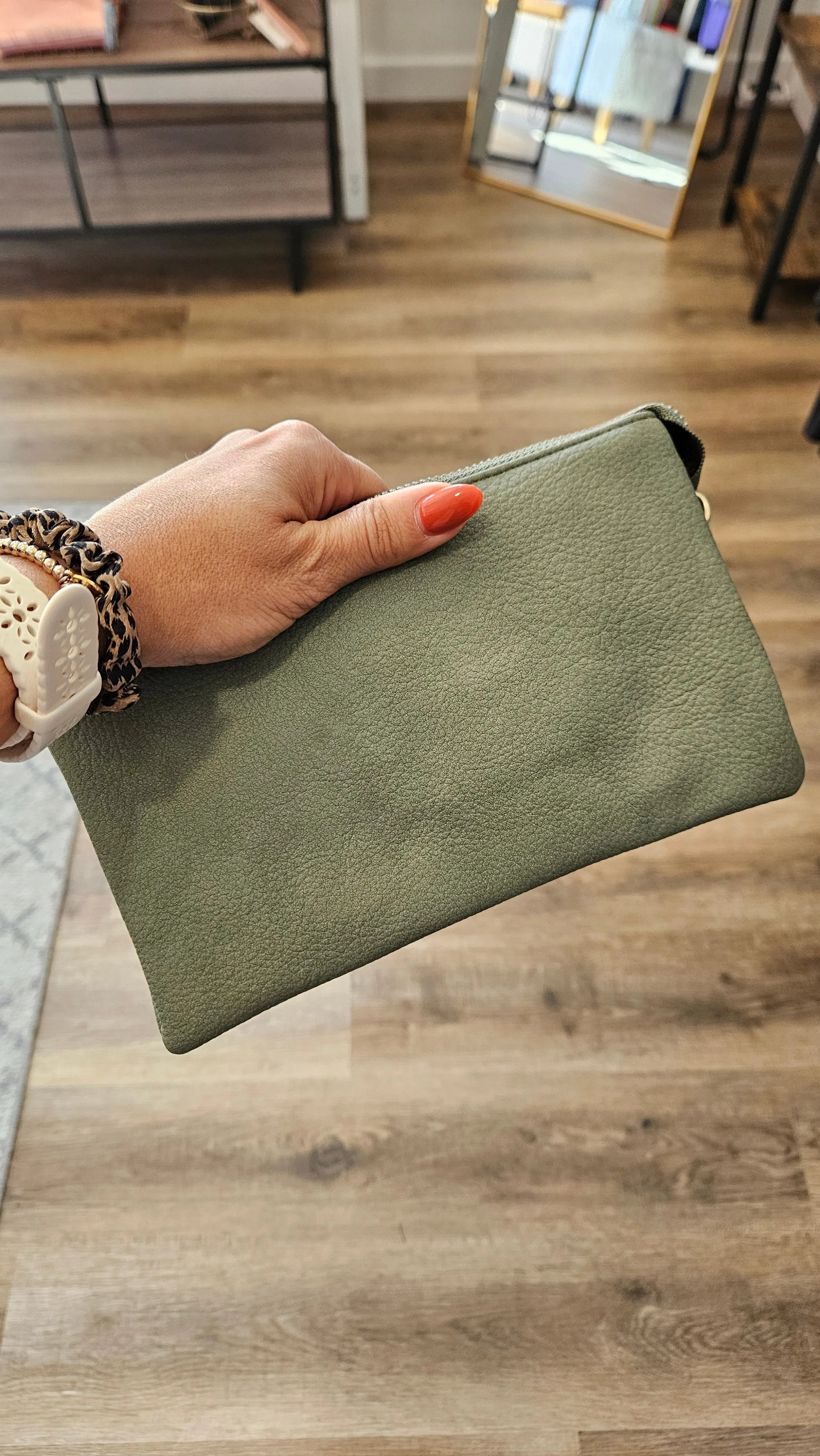 Shop Riley Crossbody/Wristlet Purses-Army Green at Ruby Joy Boutique, a Women's Clothing Store in Pickerington, Ohio