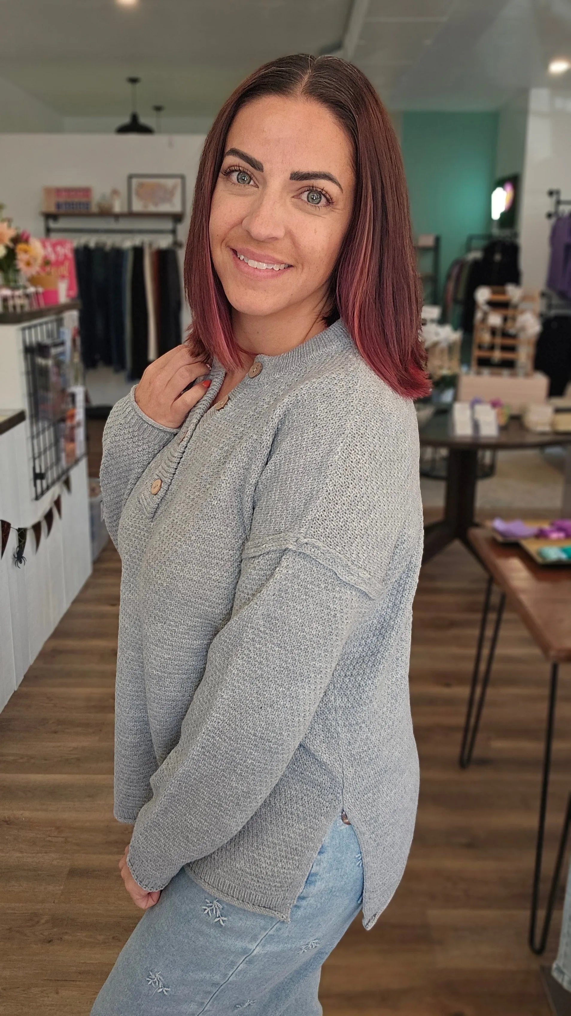 Shop Rolled Hem Henley Sweater - Heather Gray- at Ruby Joy Boutique, a Women's Clothing Store in Pickerington, Ohio