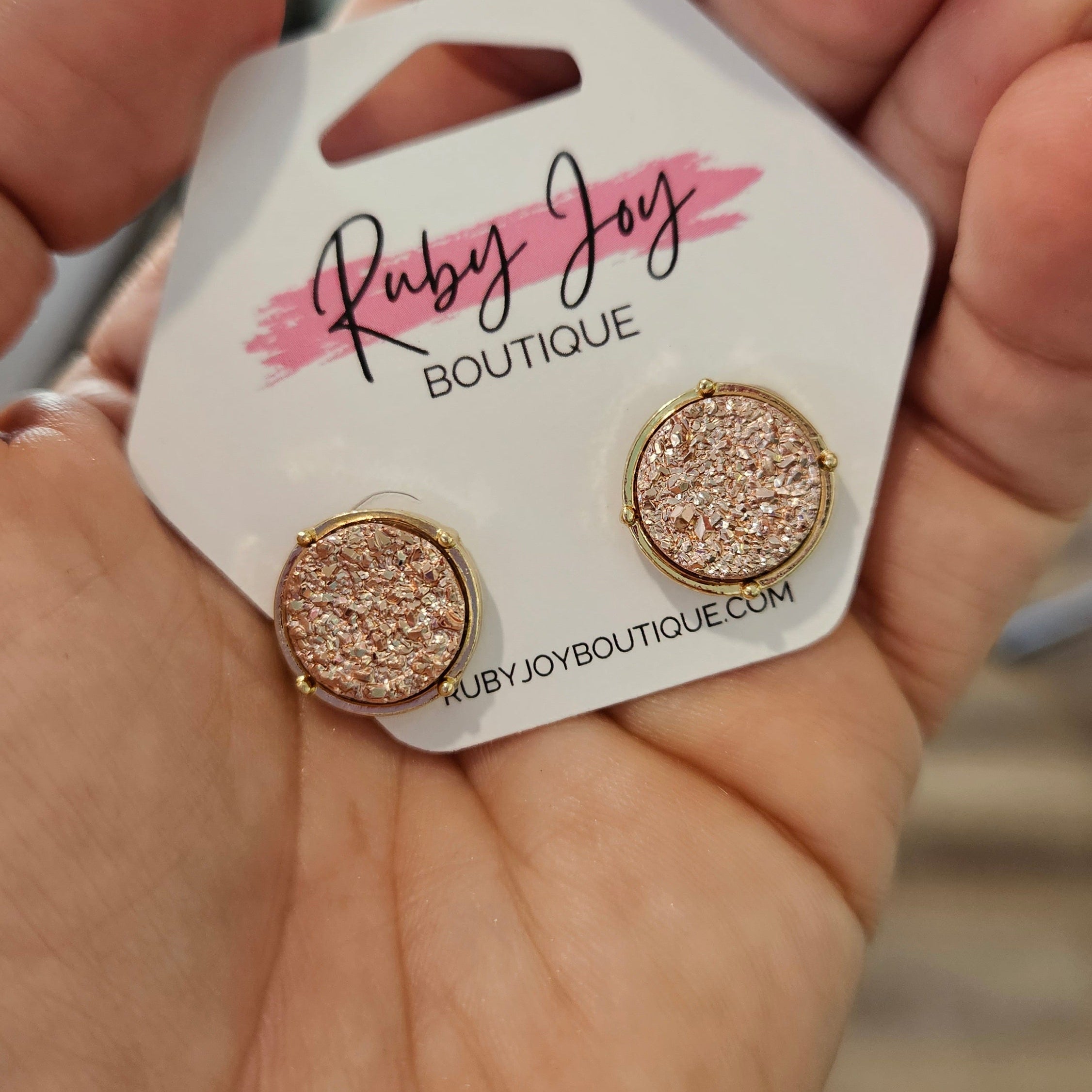 Shop Round Druzy Stud Earrings-Earrings at Ruby Joy Boutique, a Women's Clothing Store in Pickerington, Ohio