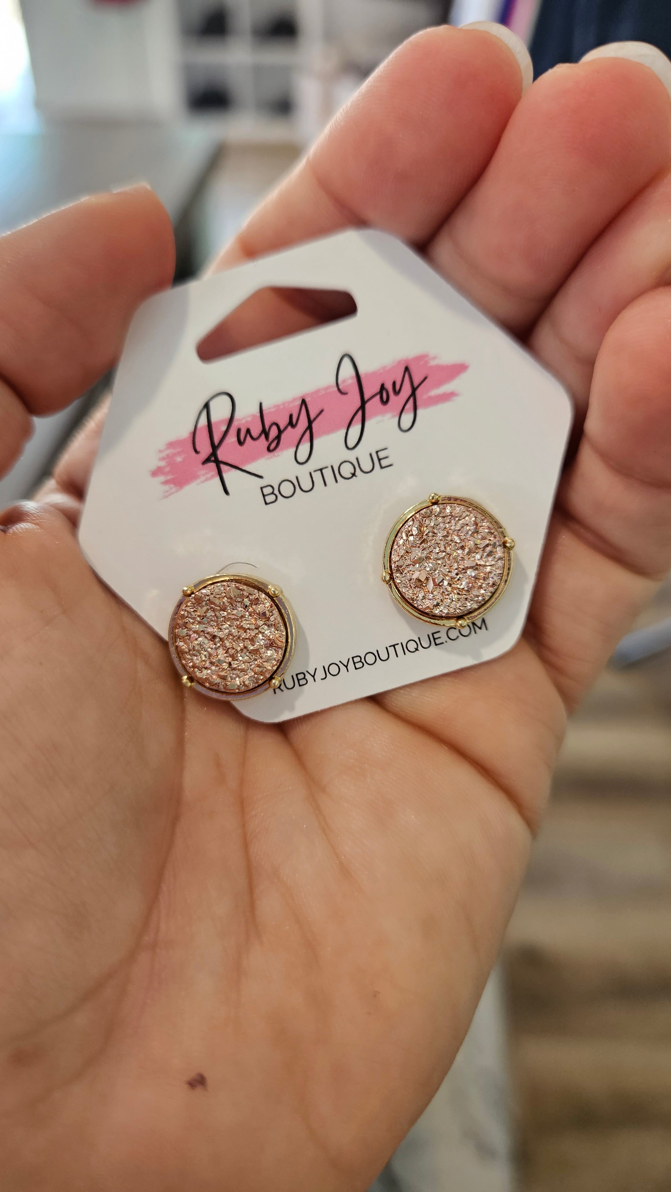 Shop Round Druzy Stud Earrings-Earrings at Ruby Joy Boutique, a Women's Clothing Store in Pickerington, Ohio