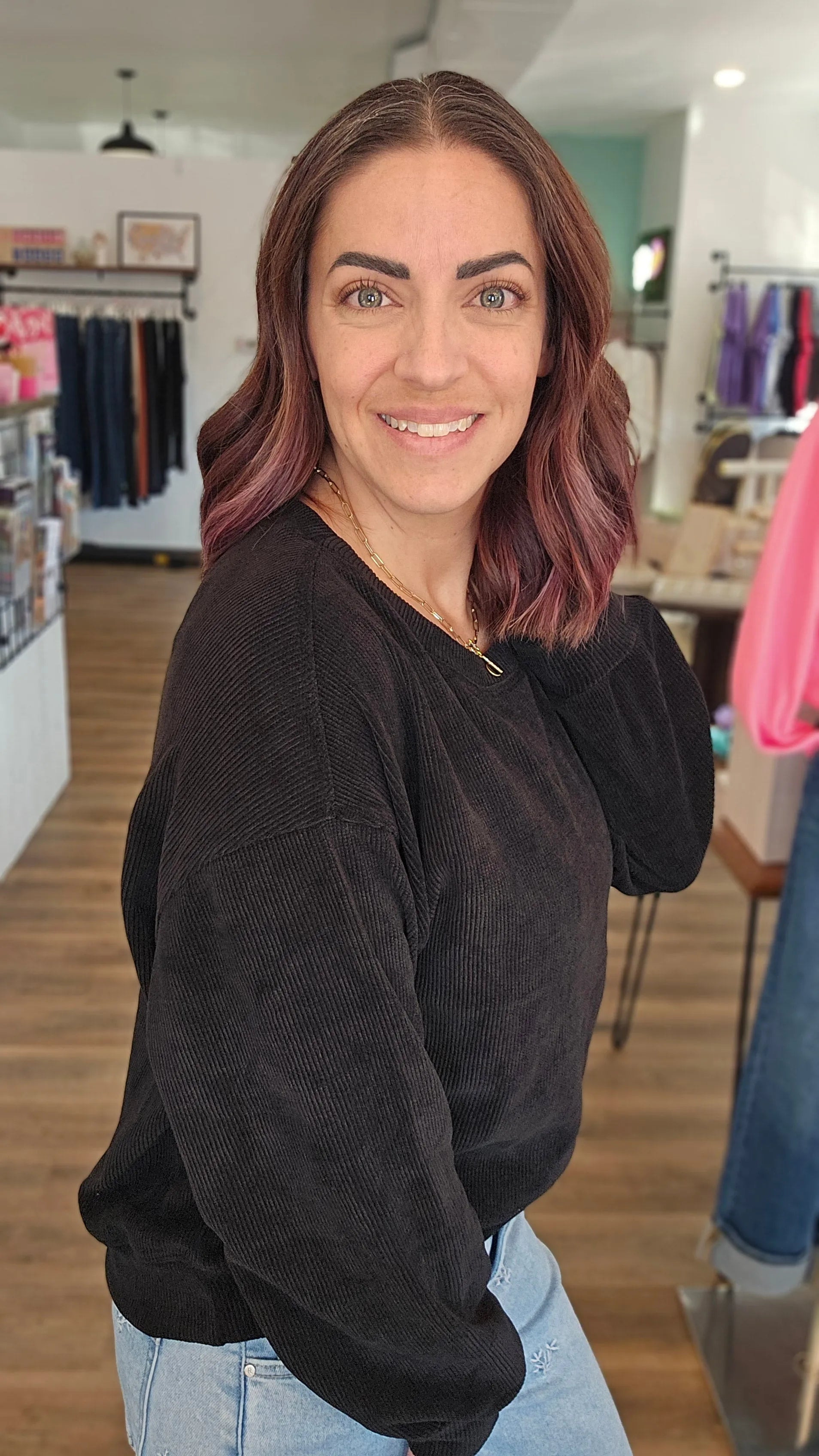 Shop Round Neck Corded Top - Black- at Ruby Joy Boutique, a Women's Clothing Store in Pickerington, Ohio