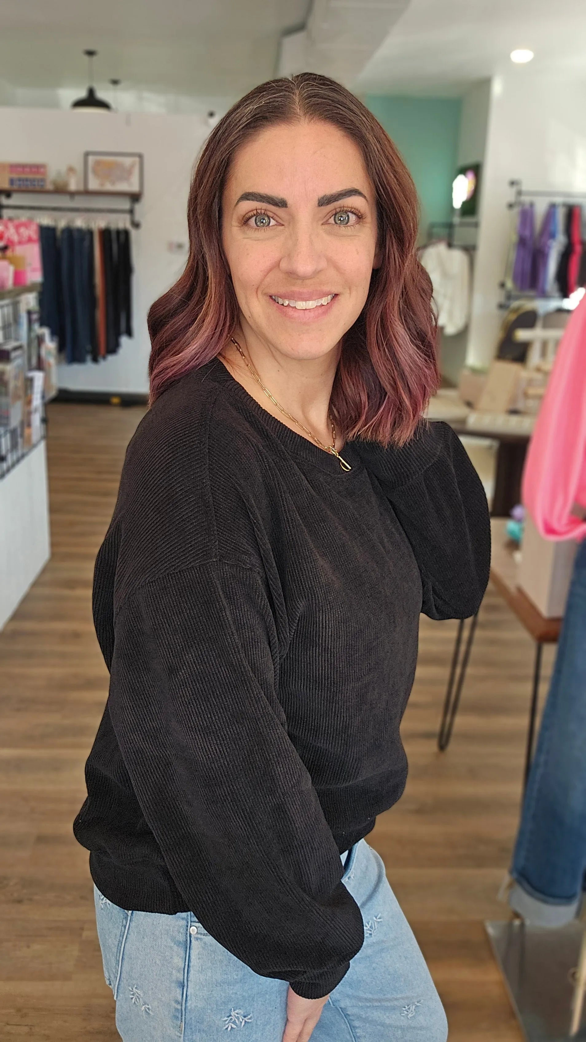 Shop Round Neck Corded Top - Black- at Ruby Joy Boutique, a Women's Clothing Store in Pickerington, Ohio