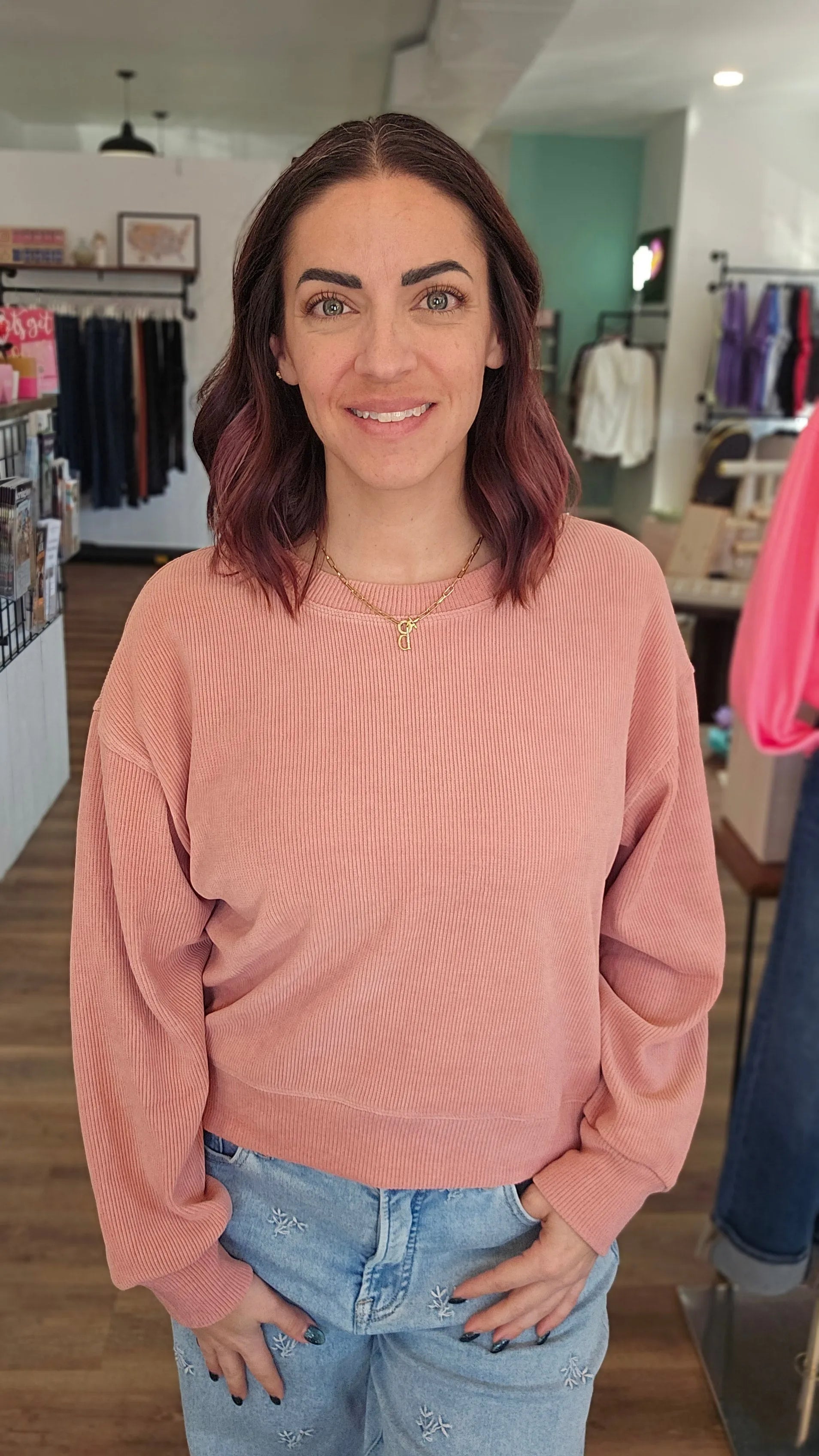Shop Round Neck Corded Top - Rose- at Ruby Joy Boutique, a Women's Clothing Store in Pickerington, Ohio