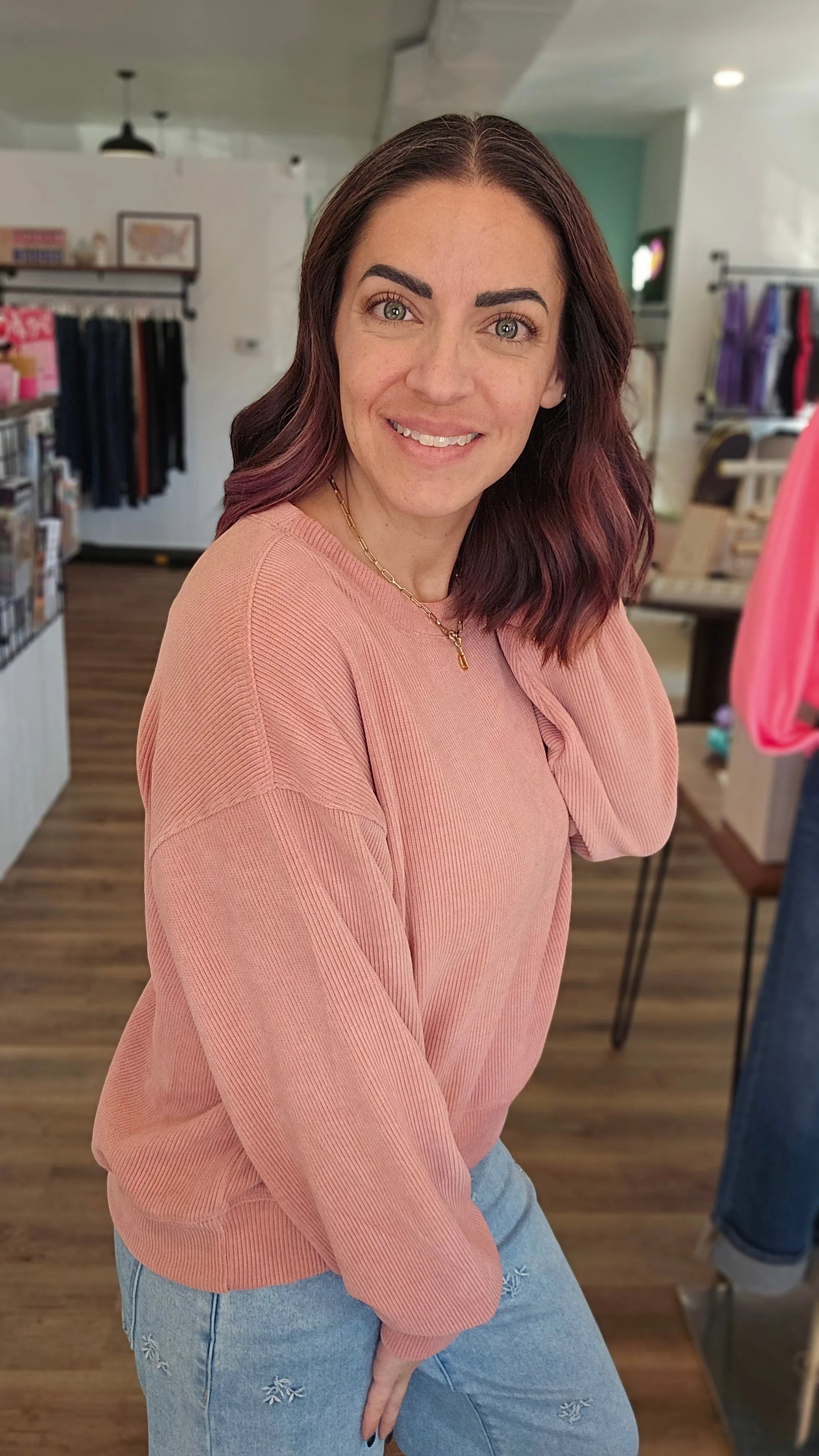 Shop Round Neck Corded Top - Rose- at Ruby Joy Boutique, a Women's Clothing Store in Pickerington, Ohio