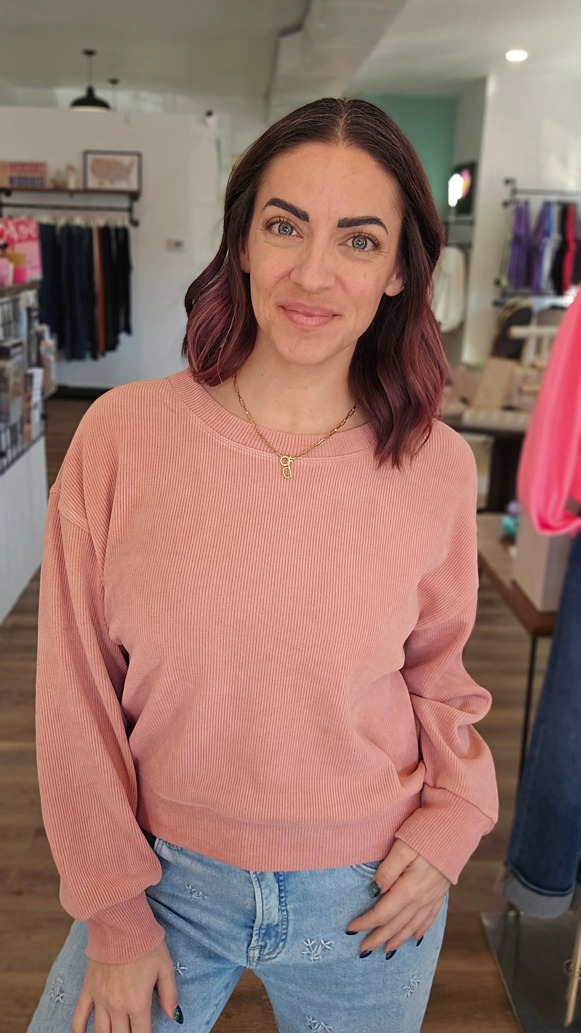 Shop Round Neck Corded Top - Rose- at Ruby Joy Boutique, a Women's Clothing Store in Pickerington, Ohio