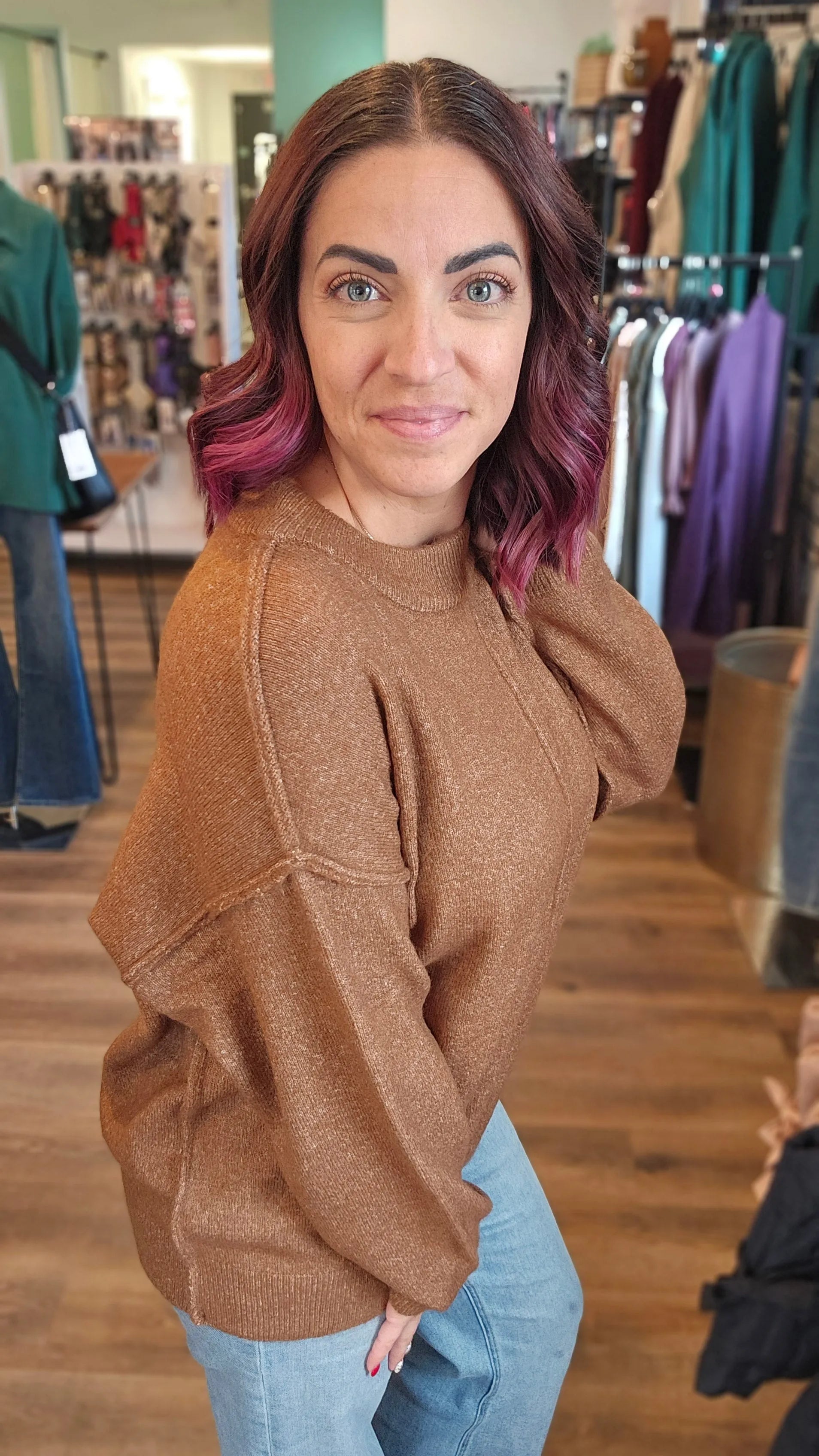 Shop Round Neck Front Seam Sweater - Deep Camel- at Ruby Joy Boutique, a Women's Clothing Store in Pickerington, Ohio
