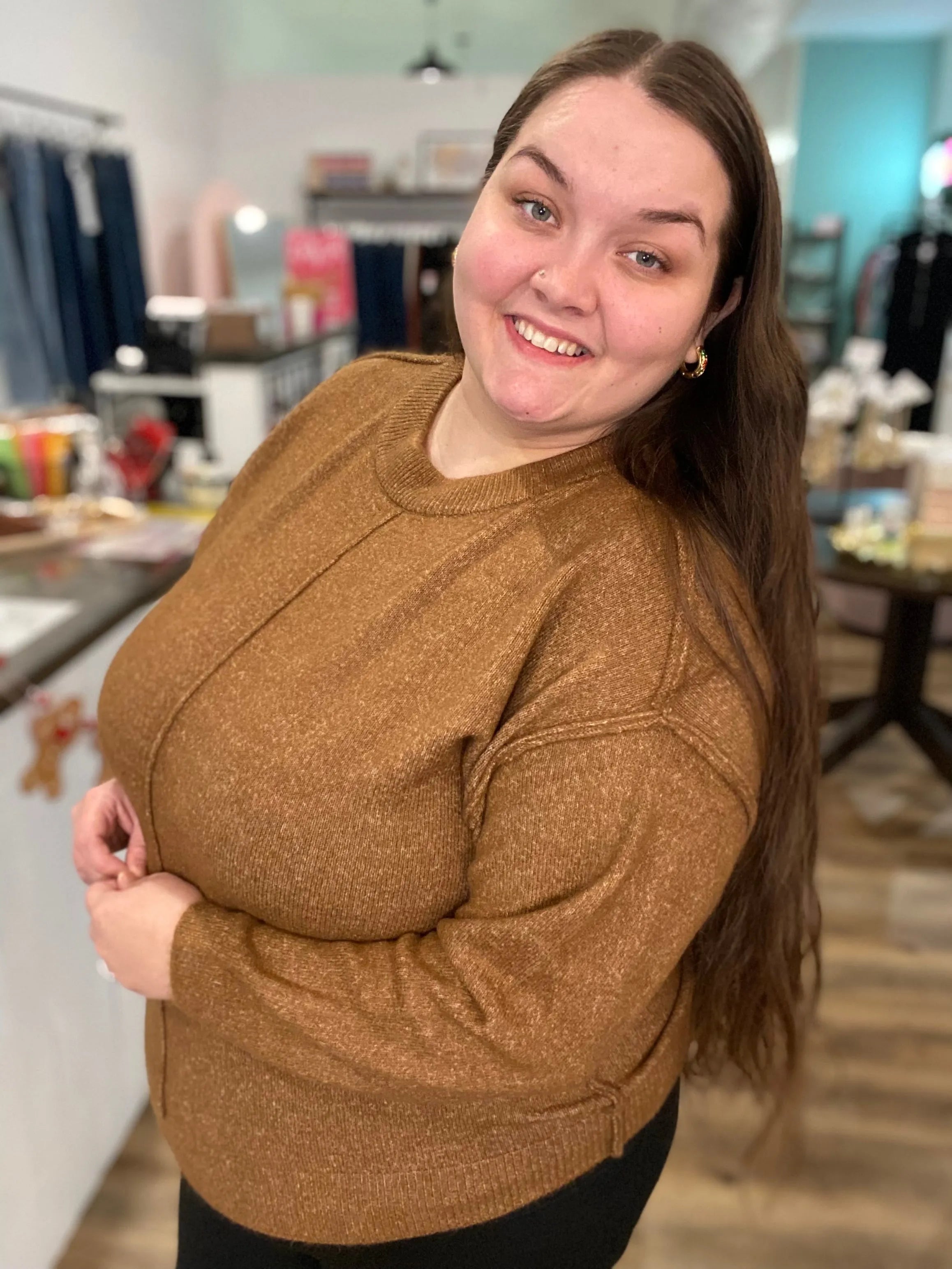 Shop Round Neck Front Seam Sweater - Deep Camel- at Ruby Joy Boutique, a Women's Clothing Store in Pickerington, Ohio