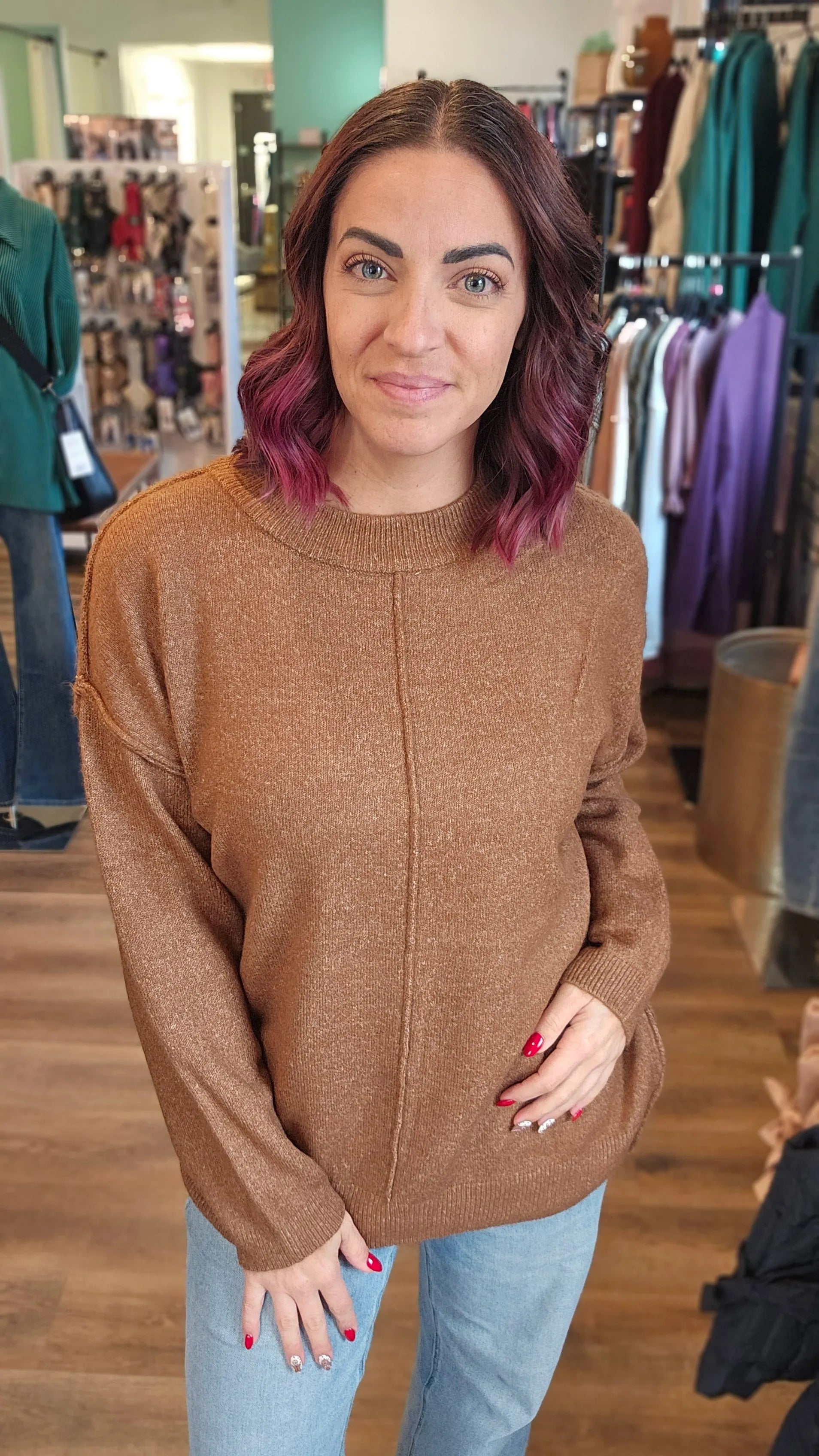 Shop Round Neck Front Seam Sweater - Deep Camel- at Ruby Joy Boutique, a Women's Clothing Store in Pickerington, Ohio