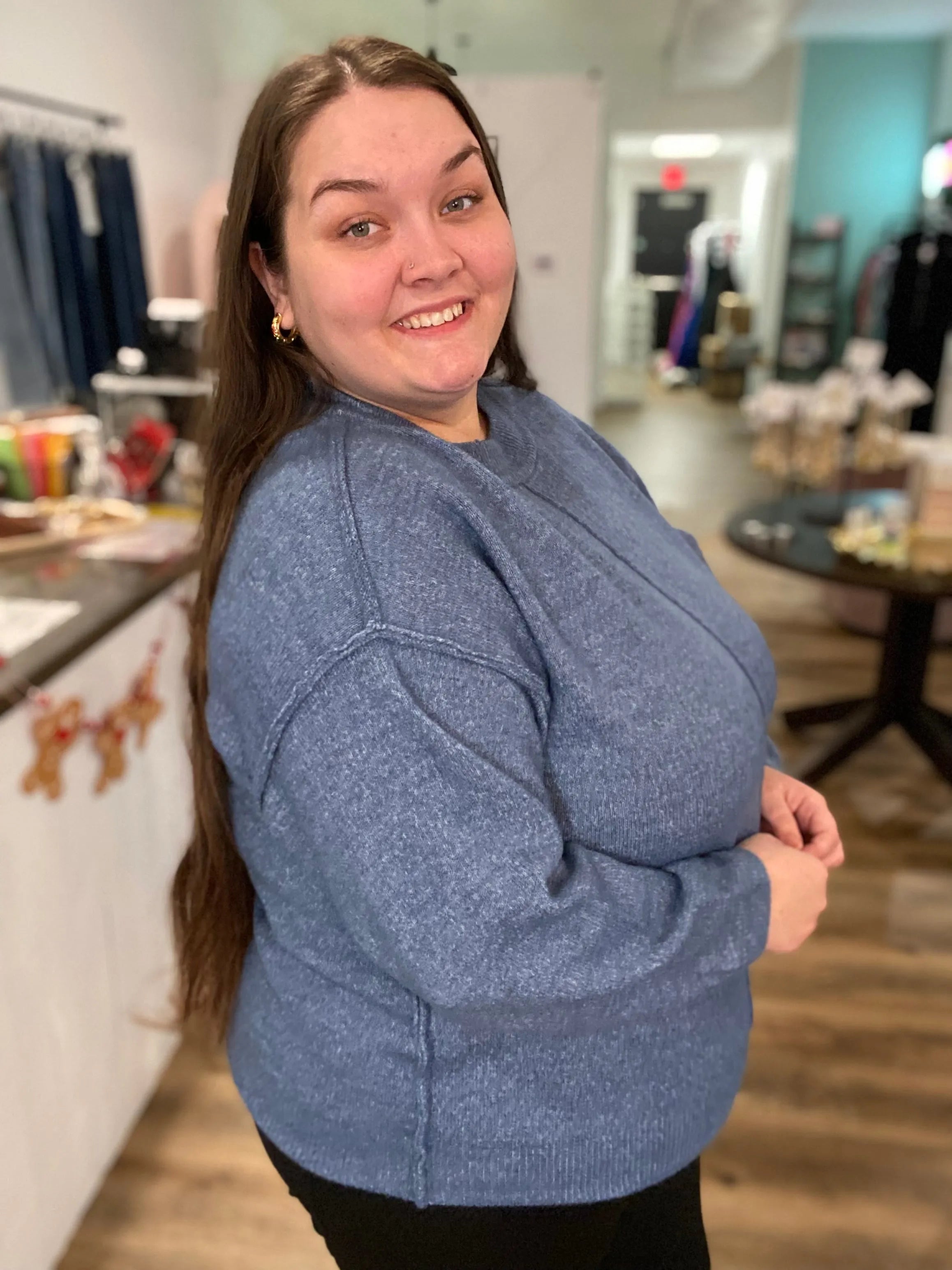 Shop Round Neck Front Seam Sweater - Dusty Blue- at Ruby Joy Boutique, a Women's Clothing Store in Pickerington, Ohio