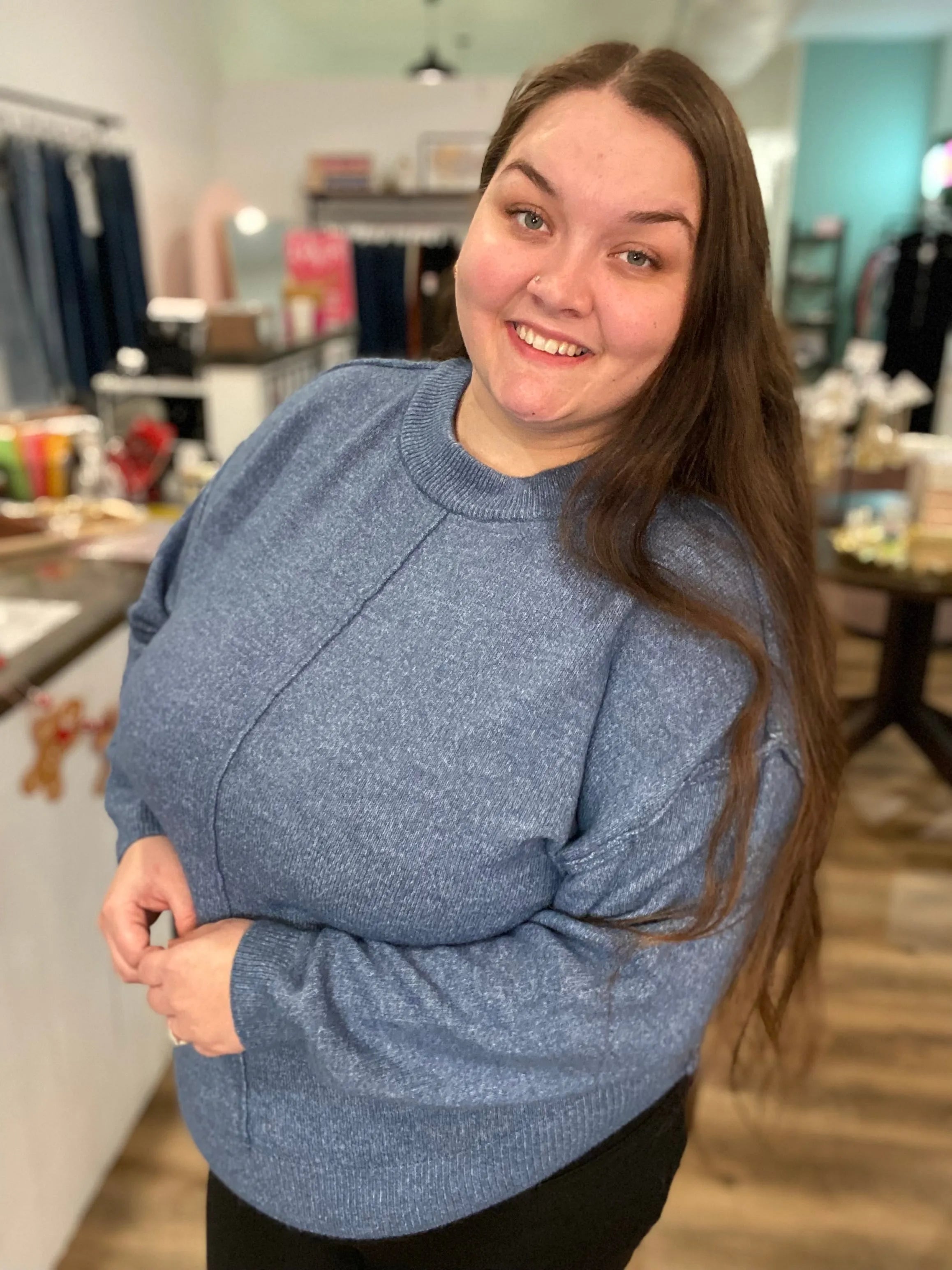 Shop Round Neck Front Seam Sweater - Dusty Blue- at Ruby Joy Boutique, a Women's Clothing Store in Pickerington, Ohio