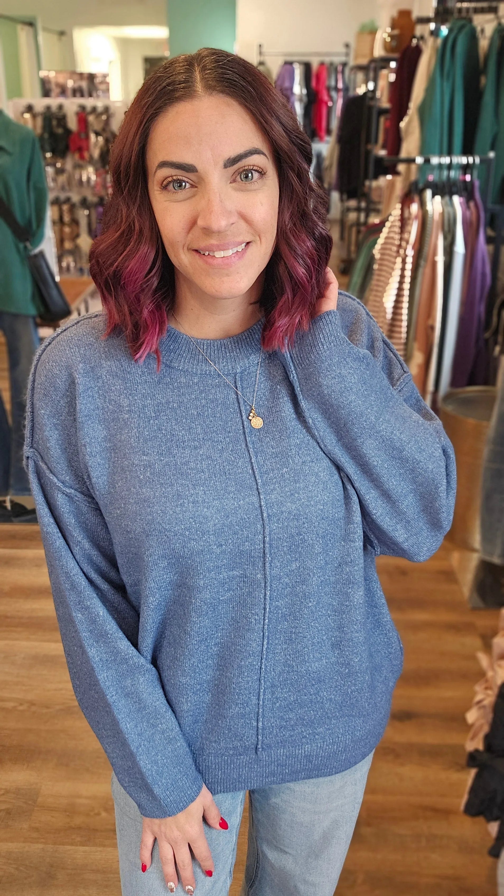 Shop Round Neck Front Seam Sweater - Dusty Blue- at Ruby Joy Boutique, a Women's Clothing Store in Pickerington, Ohio