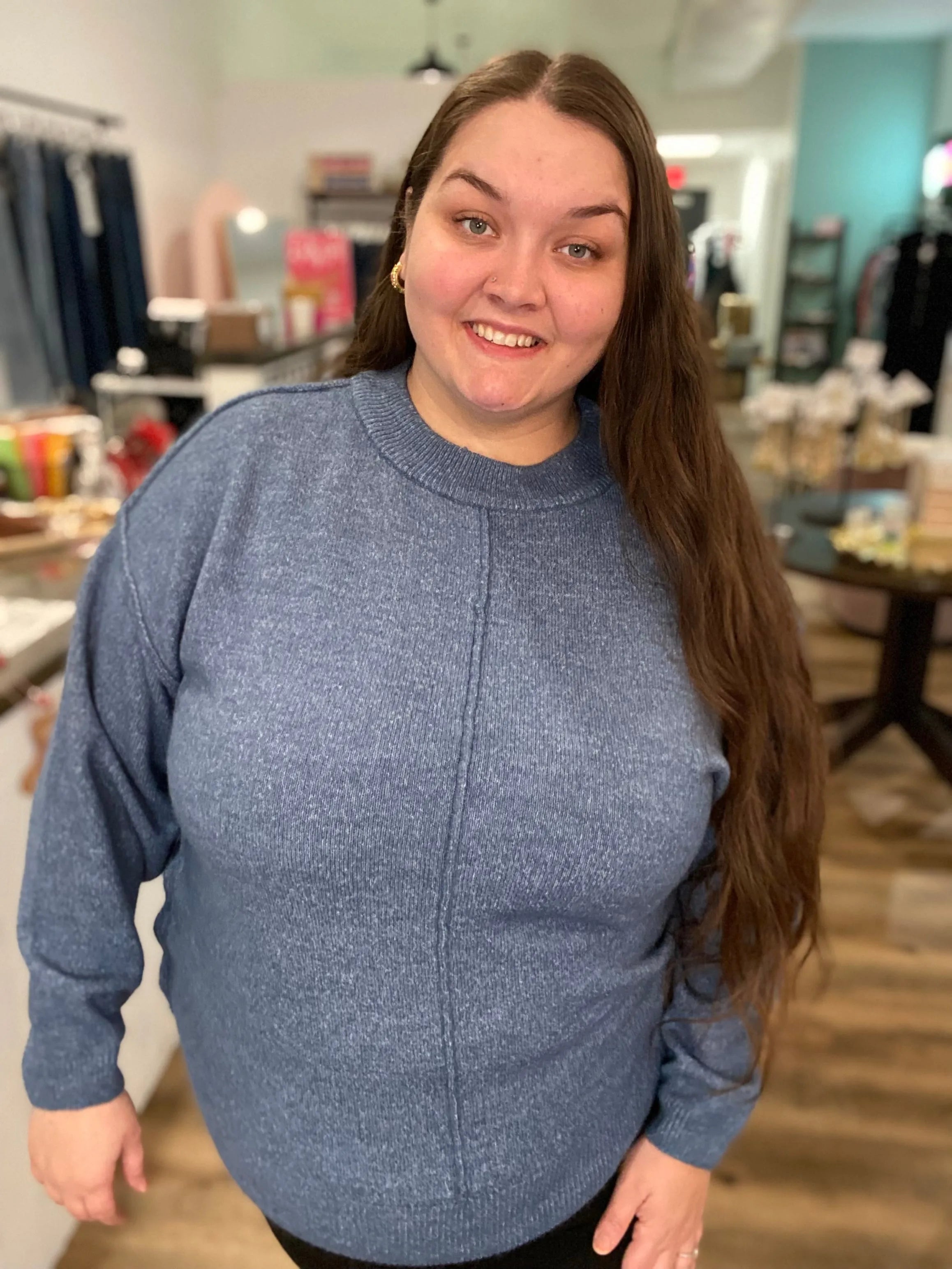 Shop Round Neck Front Seam Sweater - Dusty Blue- at Ruby Joy Boutique, a Women's Clothing Store in Pickerington, Ohio