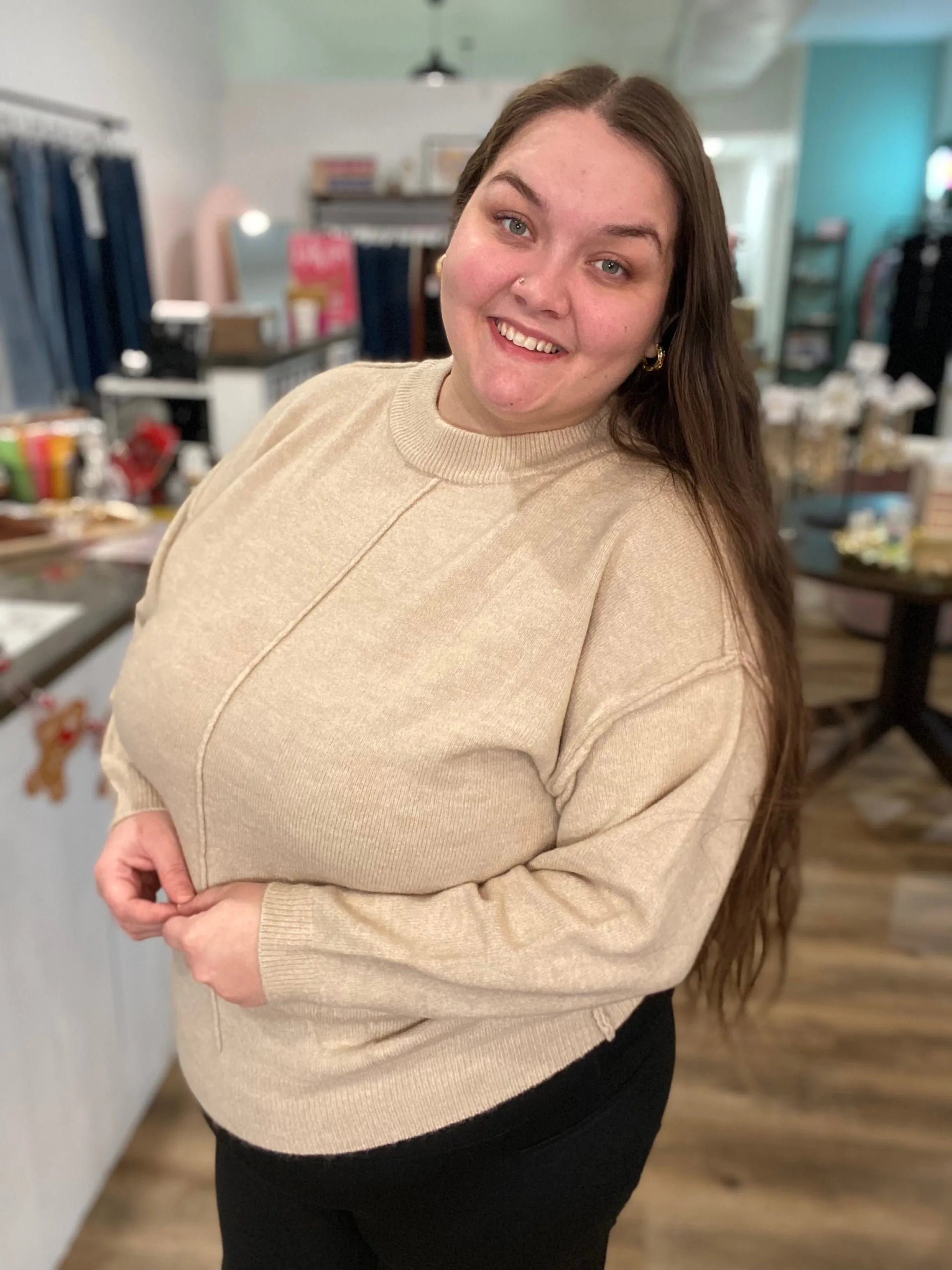Shop Round Neck Front Seam Sweater - Heather Beige- at Ruby Joy Boutique, a Women's Clothing Store in Pickerington, Ohio
