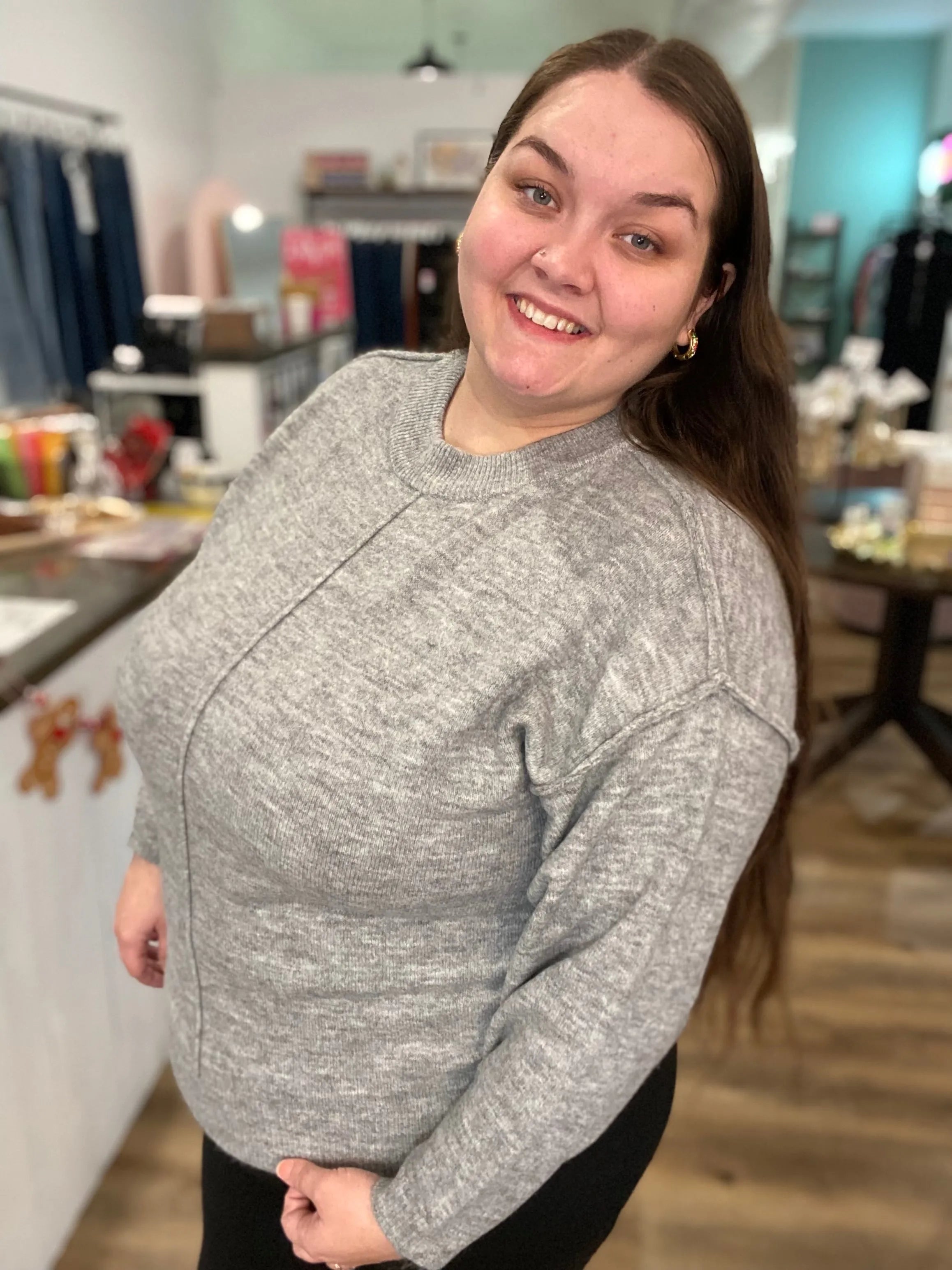 Shop Round Neck Front Seam Sweater - Heather Gray- at Ruby Joy Boutique, a Women's Clothing Store in Pickerington, Ohio