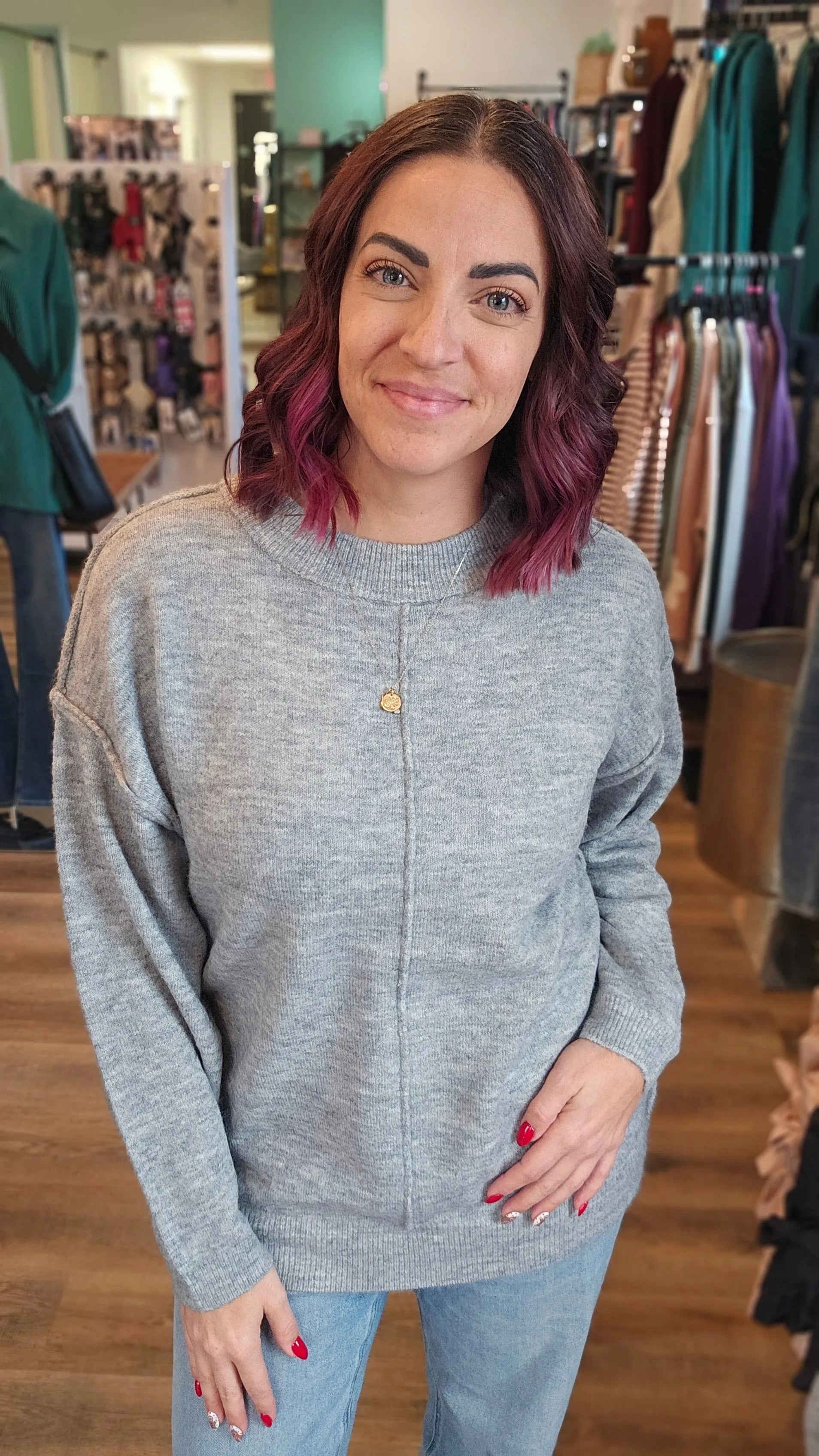Shop Round Neck Front Seam Sweater - Heather Gray- at Ruby Joy Boutique, a Women's Clothing Store in Pickerington, Ohio