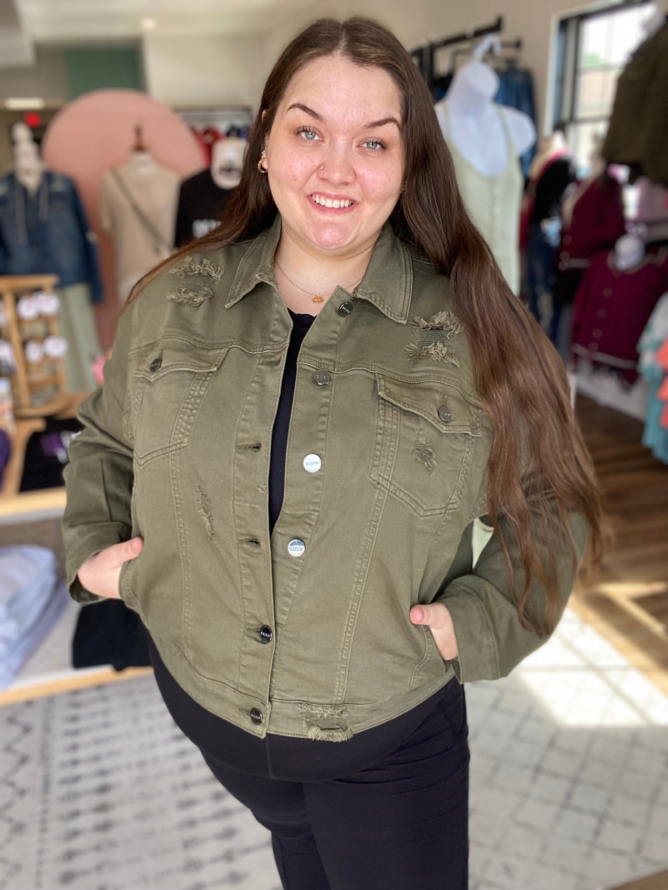 Shop Rue Moss Green Denim Jacket | Risen-Denim Jacket at Ruby Joy Boutique, a Women's Clothing Store in Pickerington, Ohio