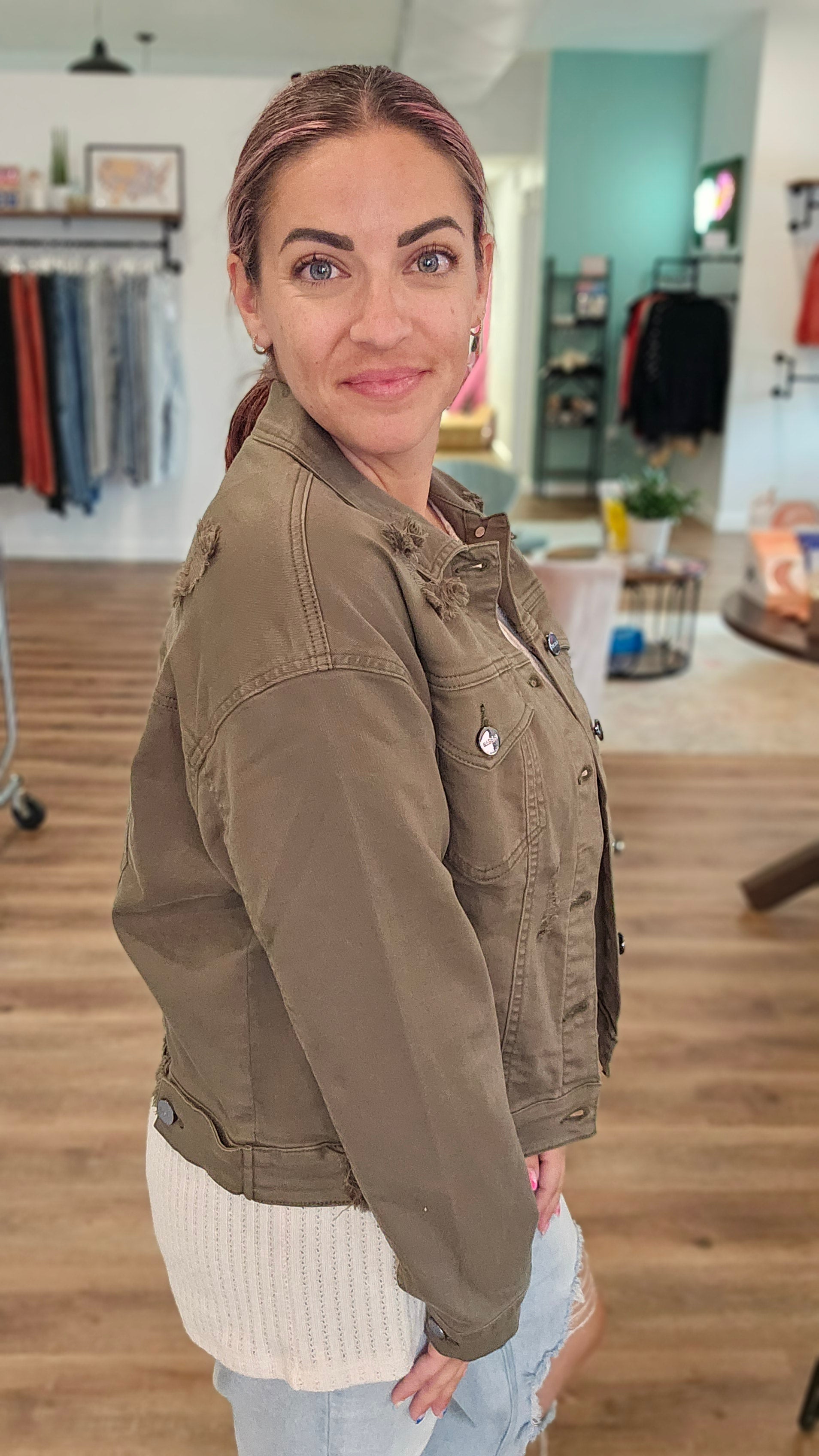 Shop Rue Moss Green Denim Jacket | Risen-Denim Jacket at Ruby Joy Boutique, a Women's Clothing Store in Pickerington, Ohio