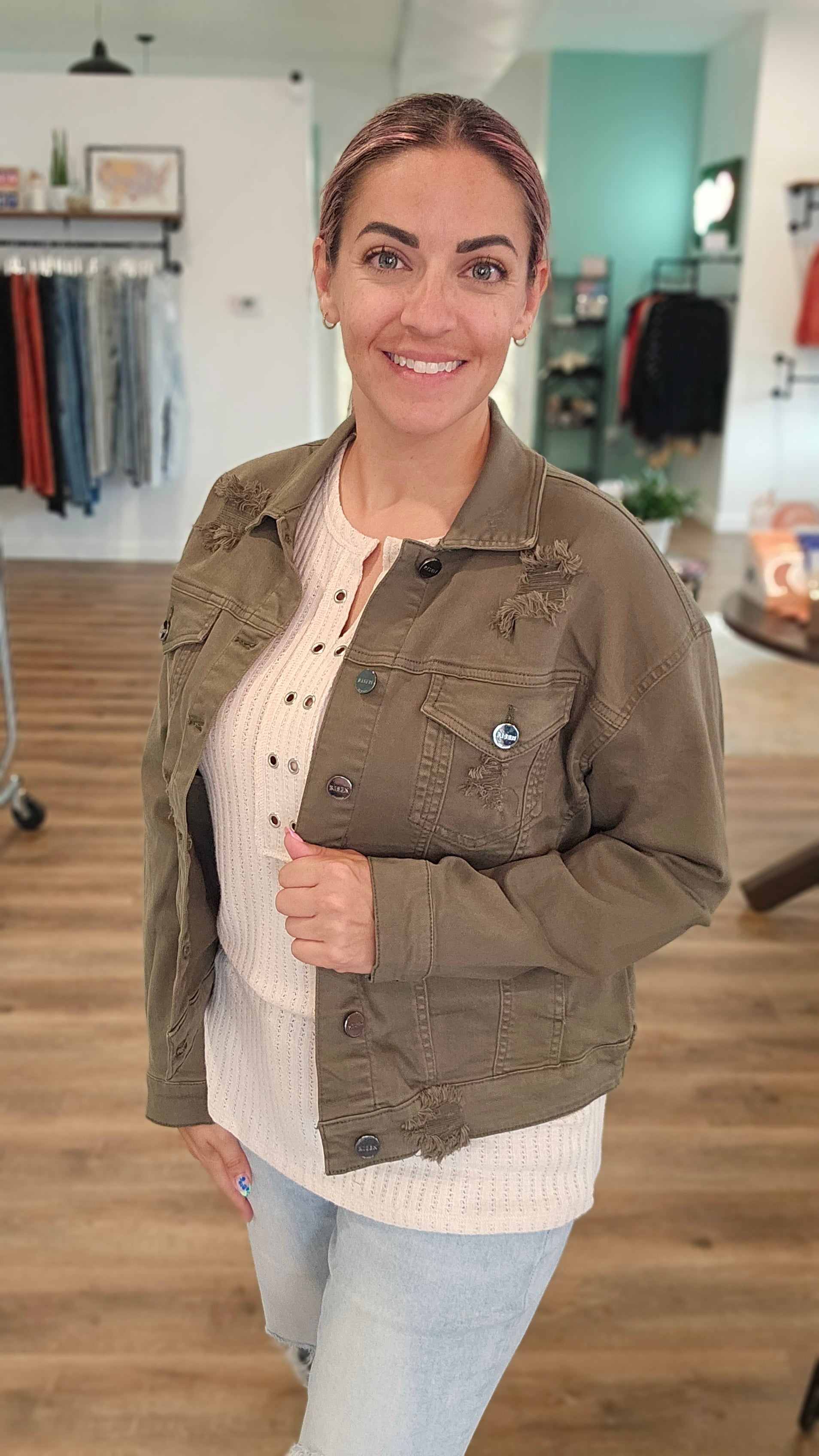 Shop Rue Moss Green Denim Jacket | Risen-Denim Jacket at Ruby Joy Boutique, a Women's Clothing Store in Pickerington, Ohio