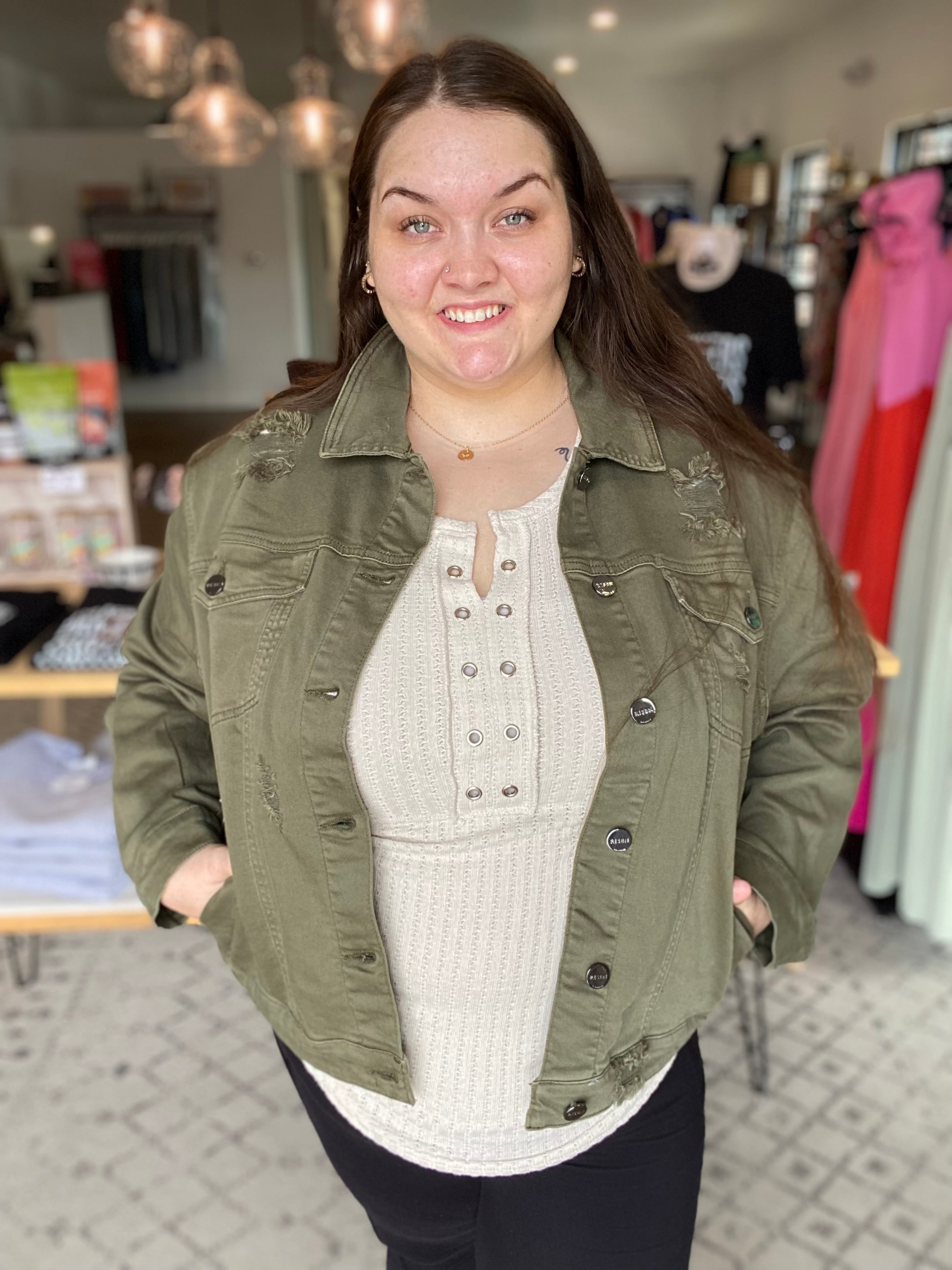 Shop Rue Moss Green Denim Jacket | Risen-Denim Jacket at Ruby Joy Boutique, a Women's Clothing Store in Pickerington, Ohio