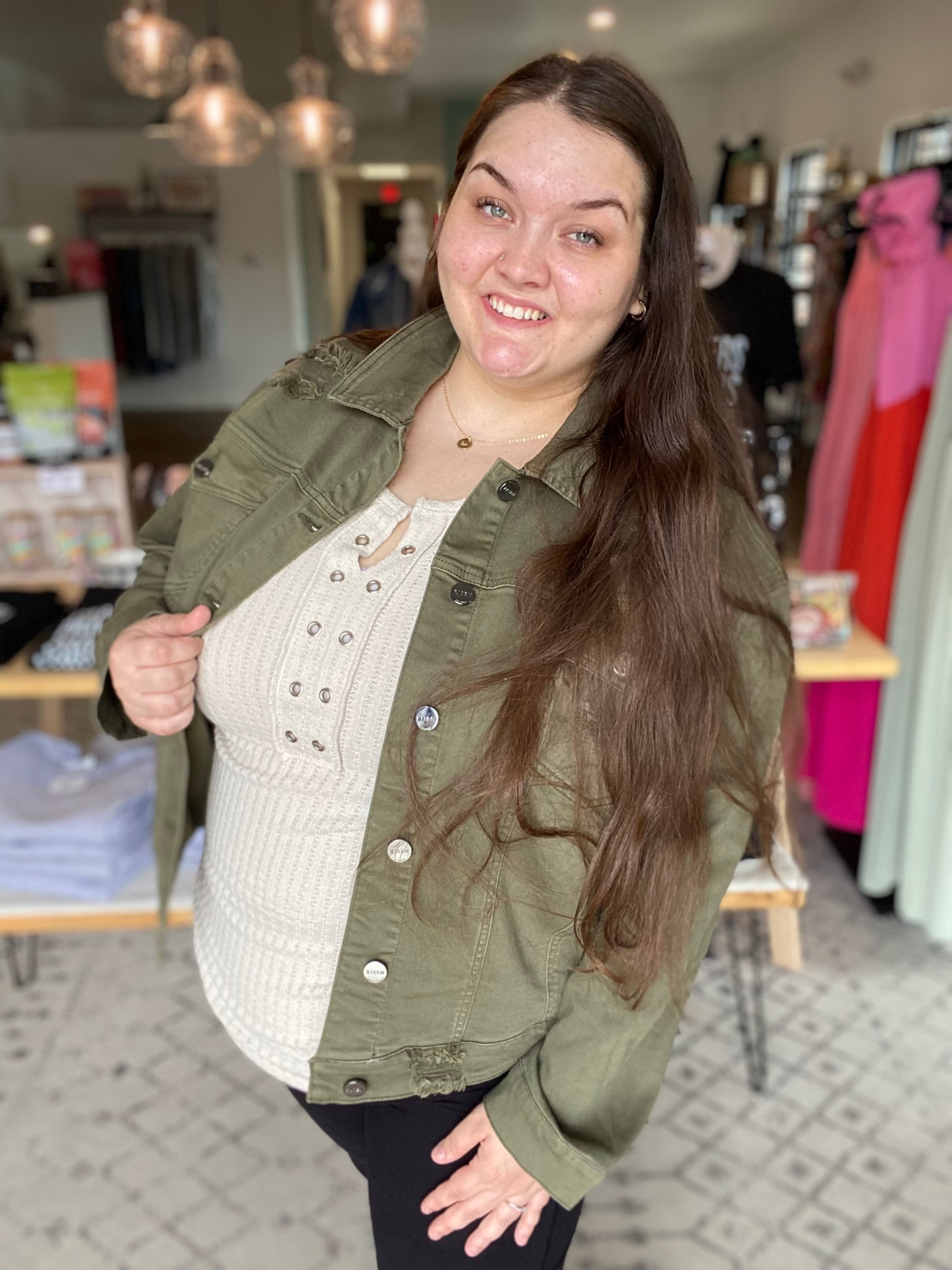 Shop Rue Moss Green Denim Jacket | Risen-Denim Jacket at Ruby Joy Boutique, a Women's Clothing Store in Pickerington, Ohio