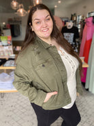 Shop Rue Moss Green Denim Jacket | Risen-Denim Jacket at Ruby Joy Boutique, a Women's Clothing Store in Pickerington, Ohio