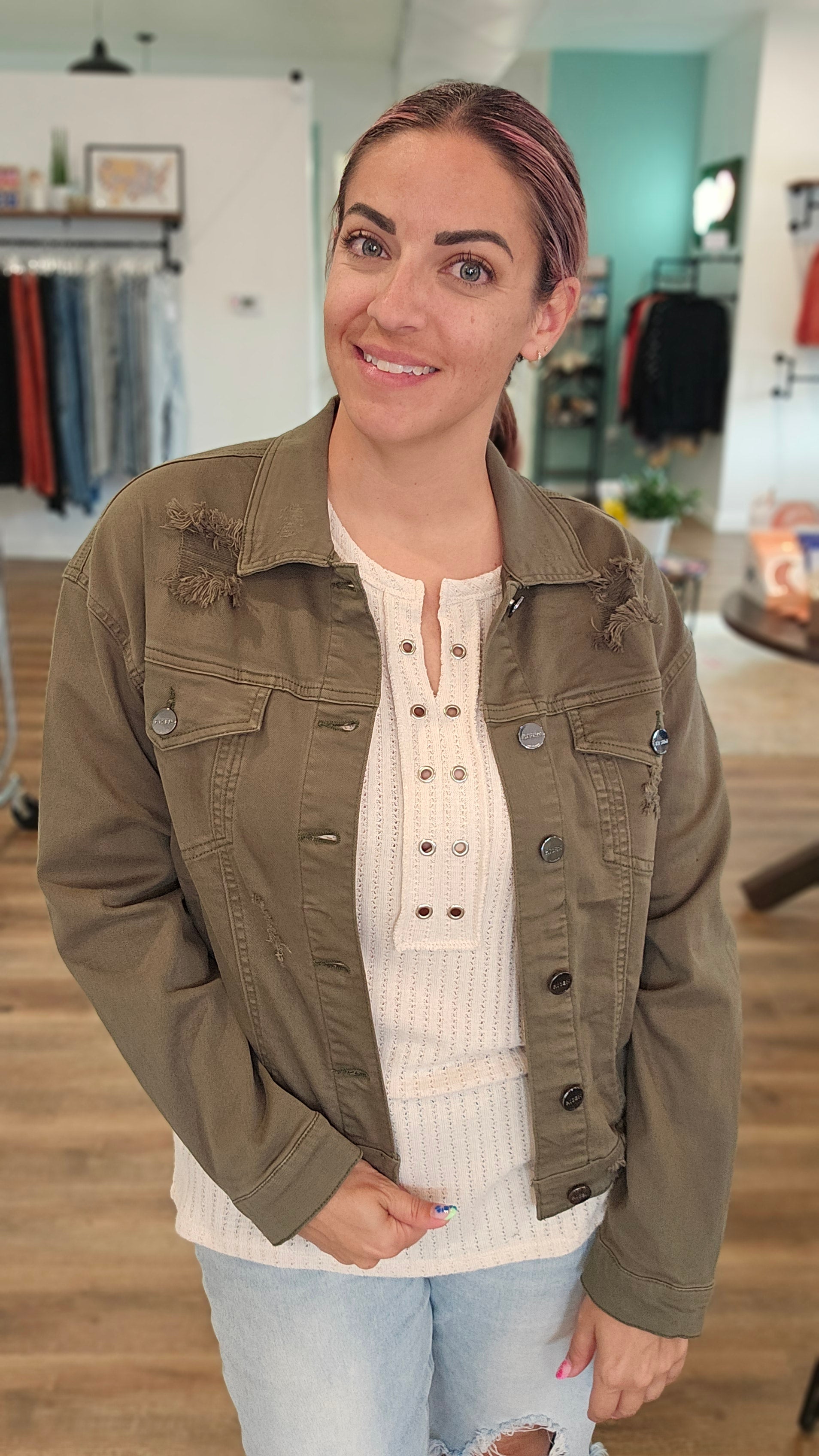 Shop Rue Moss Green Denim Jacket | Risen-Denim Jacket at Ruby Joy Boutique, a Women's Clothing Store in Pickerington, Ohio