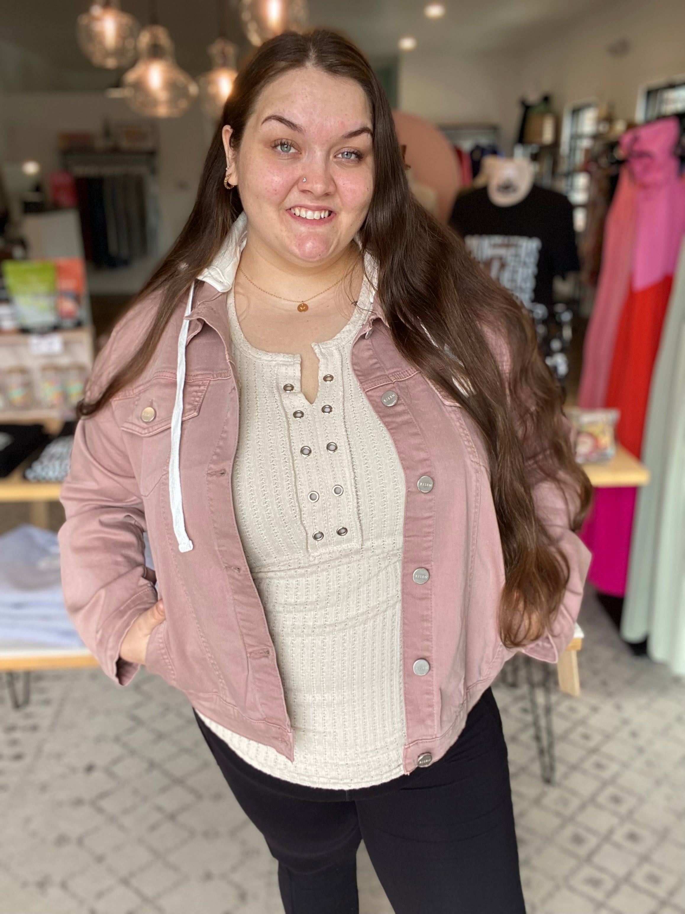 Shop Sadie Mauve Hooded Denim Jacket | Risen-Denim Jacket at Ruby Joy Boutique, a Women's Clothing Store in Pickerington, Ohio